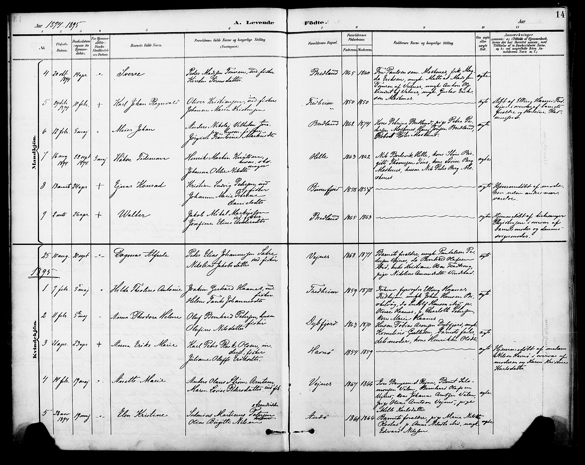 Ministerialprotokoller, klokkerbøker og fødselsregistre - Nordland, SAT/A-1459/886/L1220: Parish register (official) no. 886A02, 1892-1903, p. 14