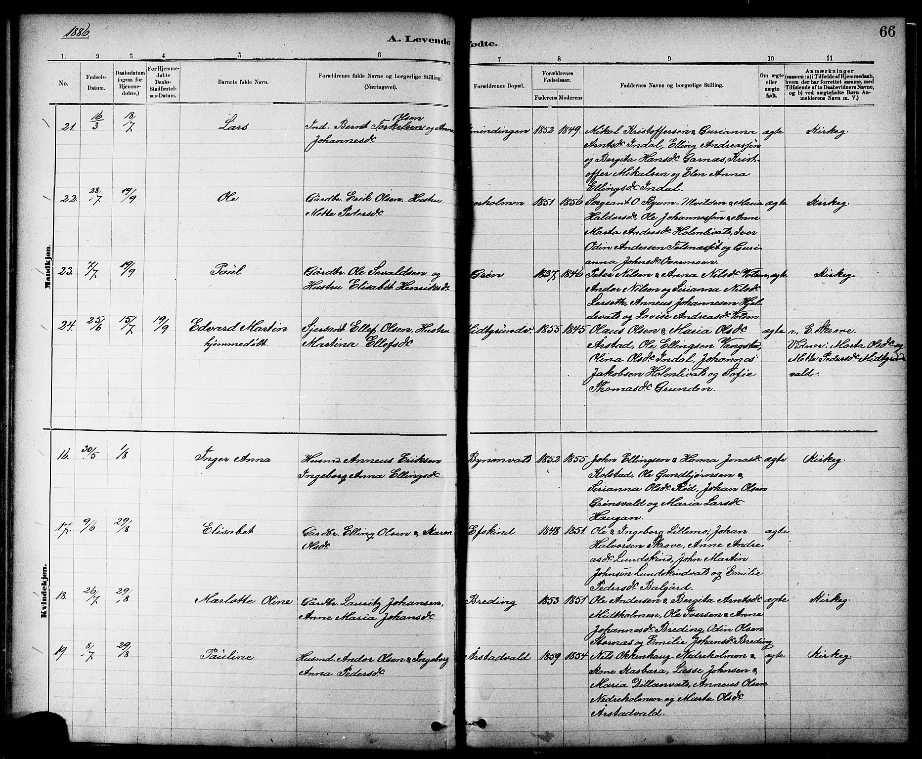 Ministerialprotokoller, klokkerbøker og fødselsregistre - Nord-Trøndelag, AV/SAT-A-1458/724/L0267: Parish register (copy) no. 724C03, 1879-1898, p. 66