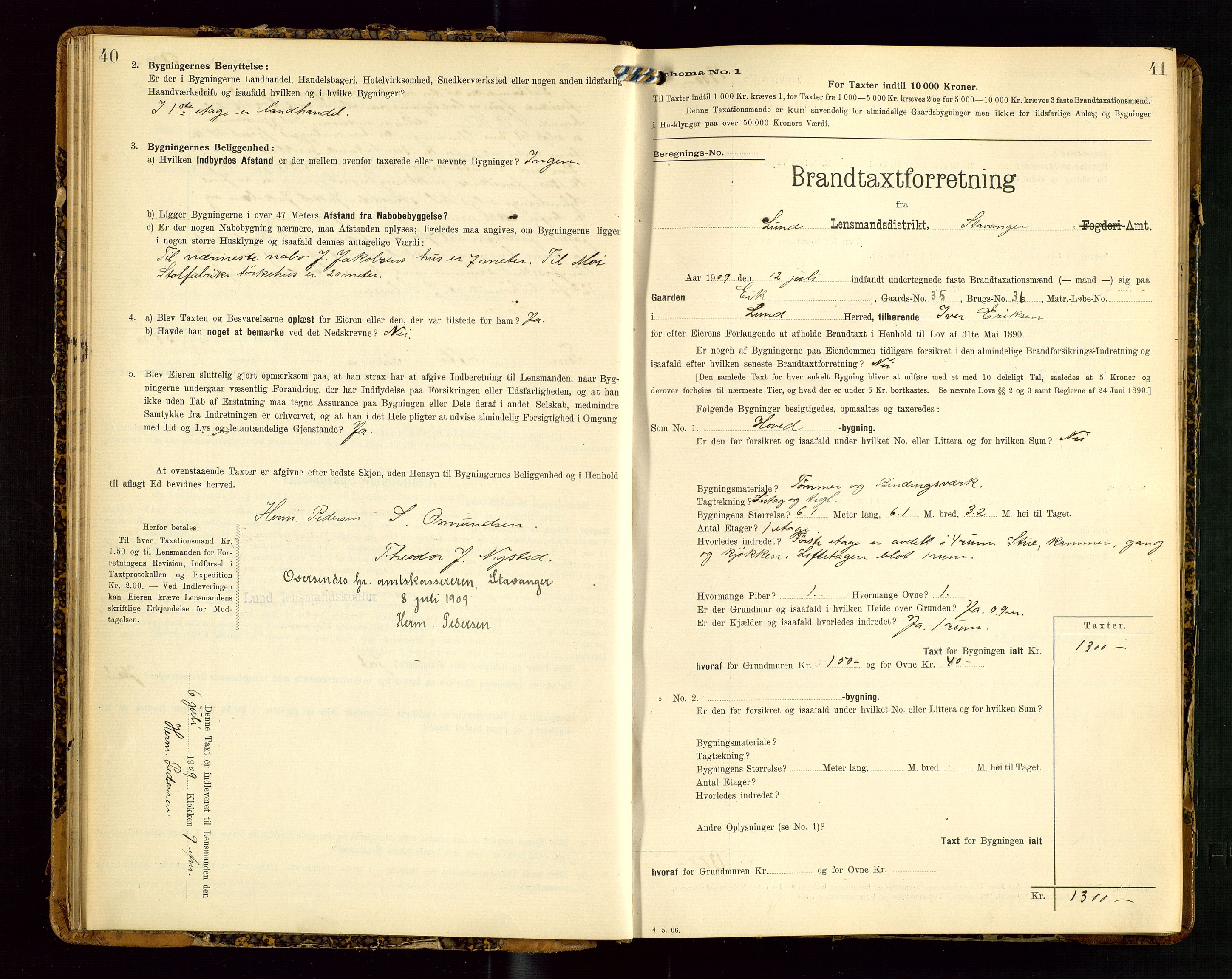 Lund lensmannskontor, AV/SAST-A-100303/Gob/L0002: "Brandtakstprotokol", 1908-1918, p. 40-41
