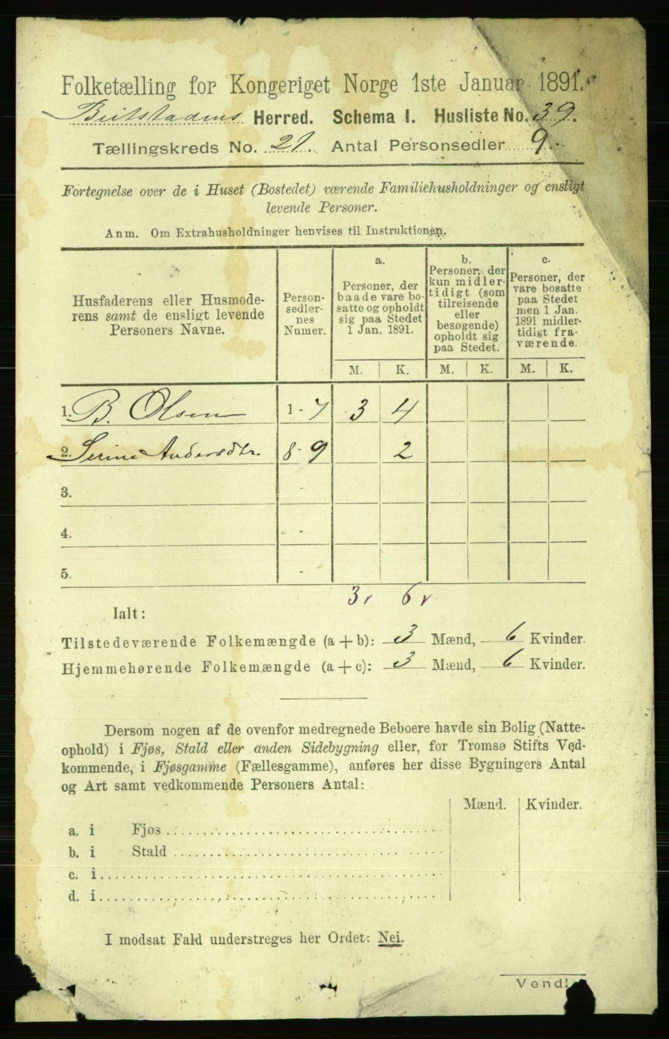 RA, 1891 census for 1727 Beitstad, 1891, p. 5419