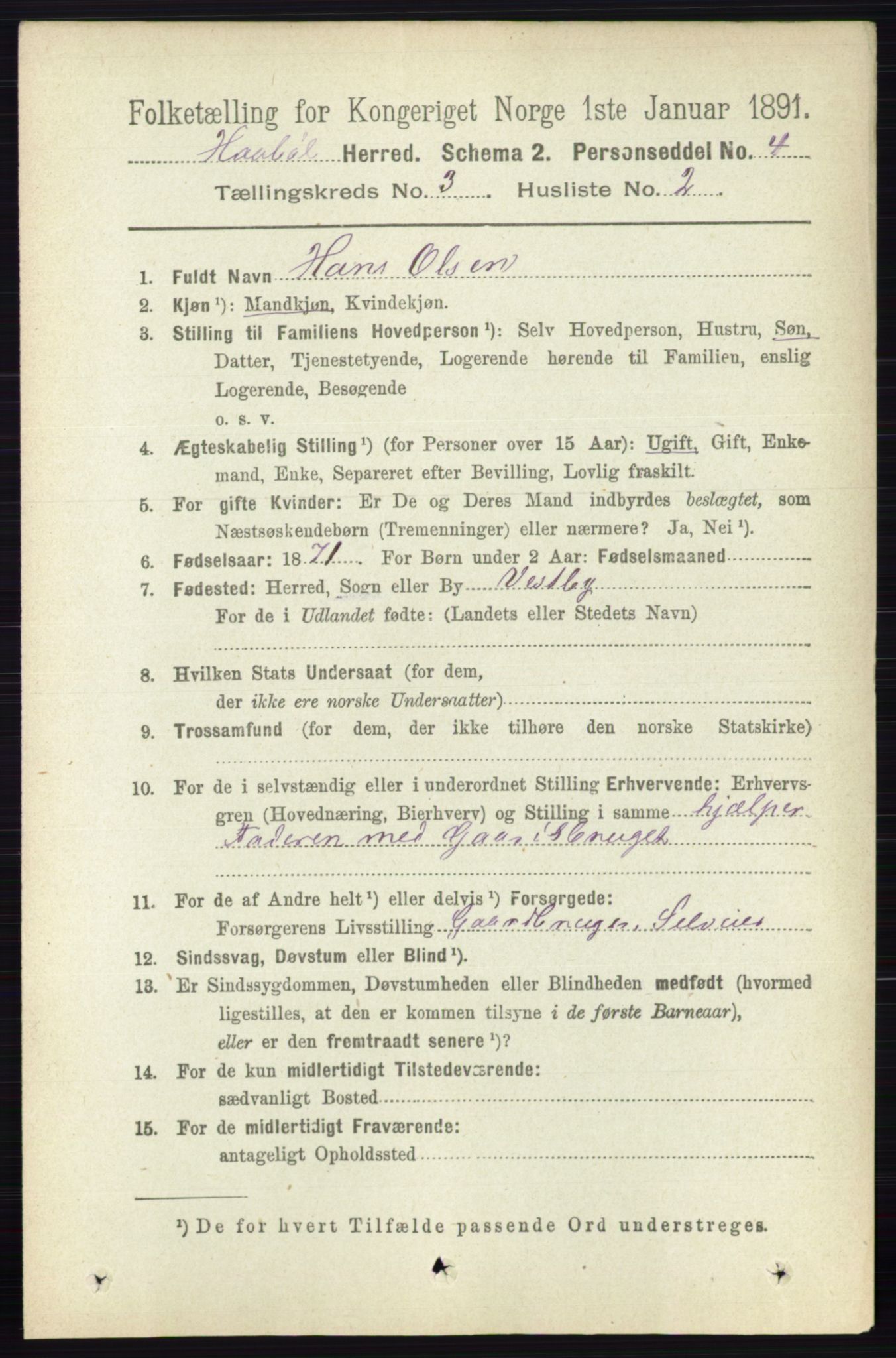 RA, 1891 census for 0138 Hobøl, 1891, p. 1718