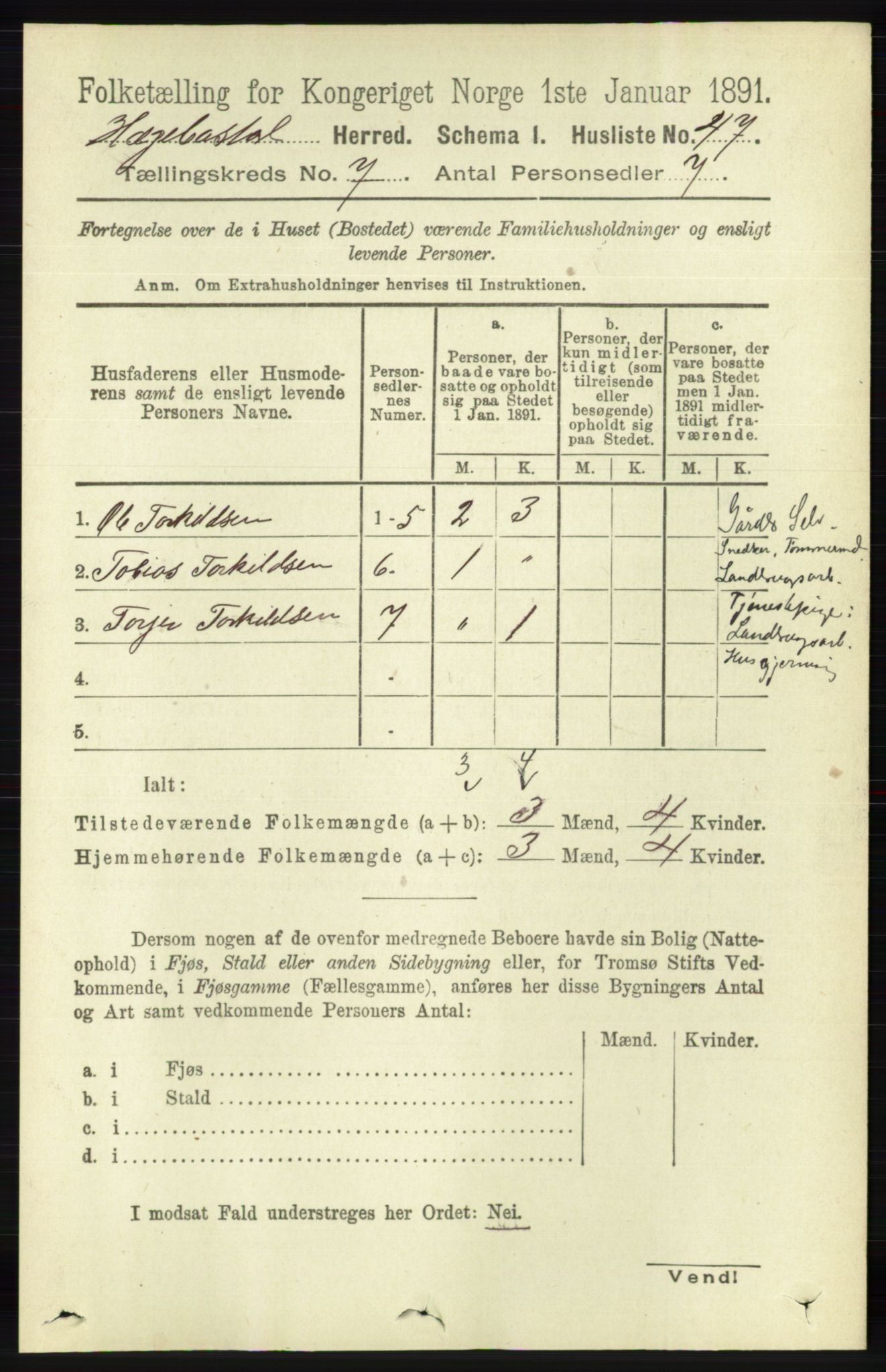 RA, 1891 census for 1034 Hægebostad, 1891, p. 2094