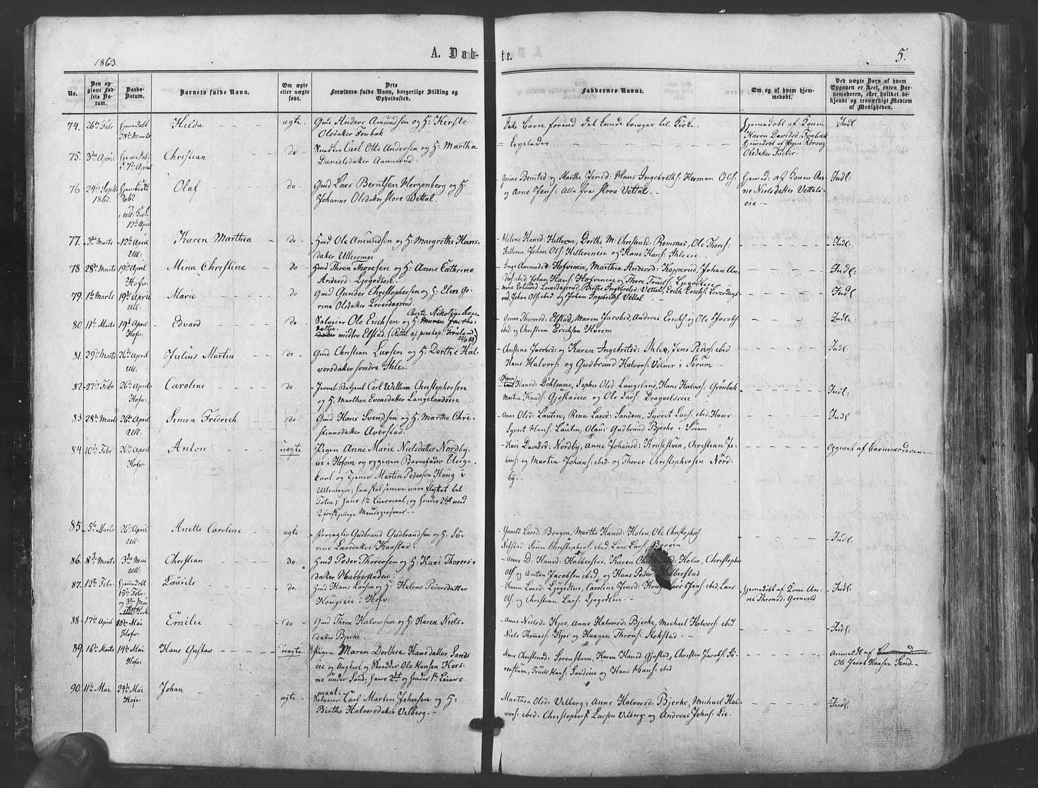 Ullensaker prestekontor Kirkebøker, AV/SAO-A-10236a/F/Fa/L0016: Parish register (official) no. I 16, 1863-1875, p. 5