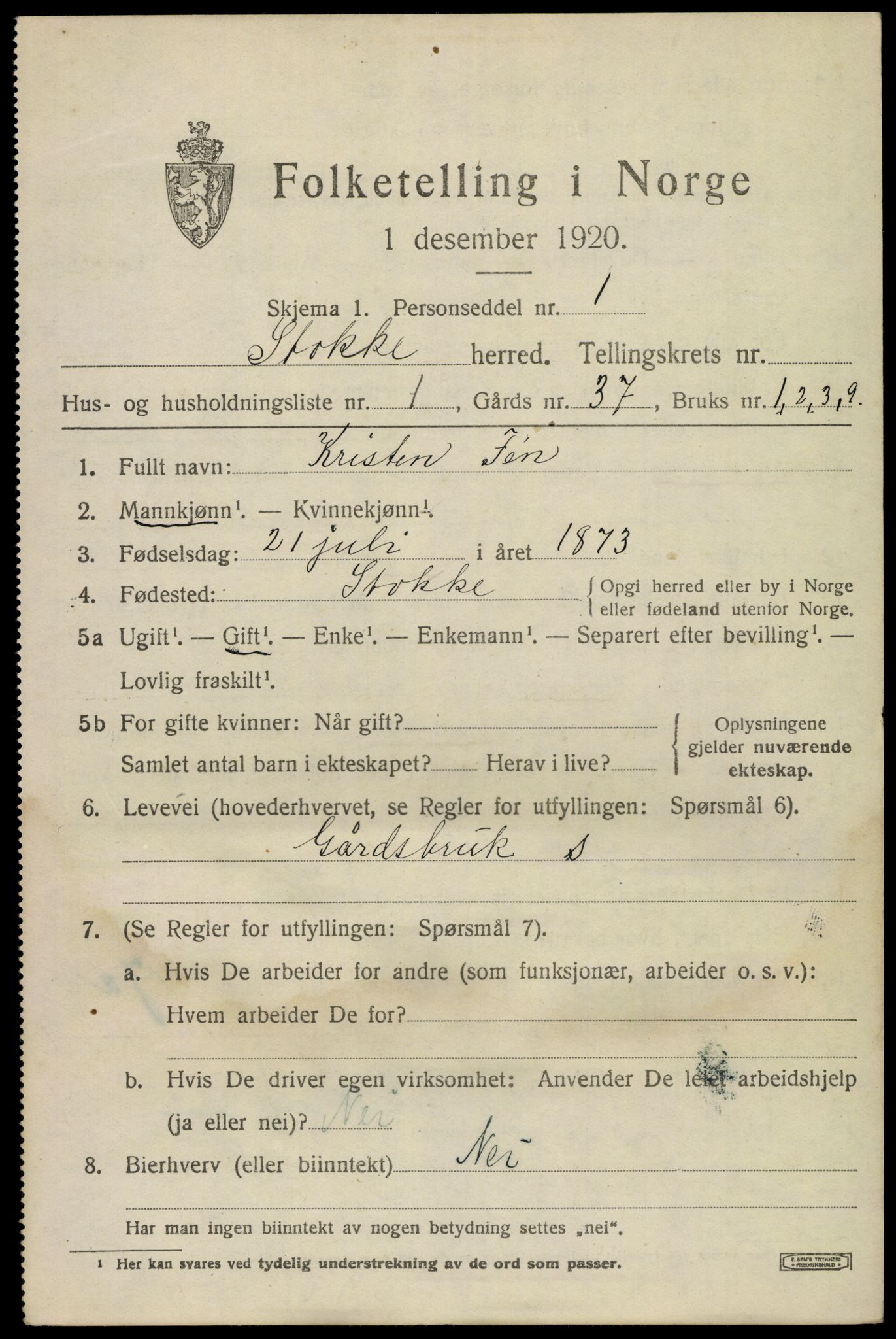 SAKO, 1920 census for Stokke, 1920, p. 5920