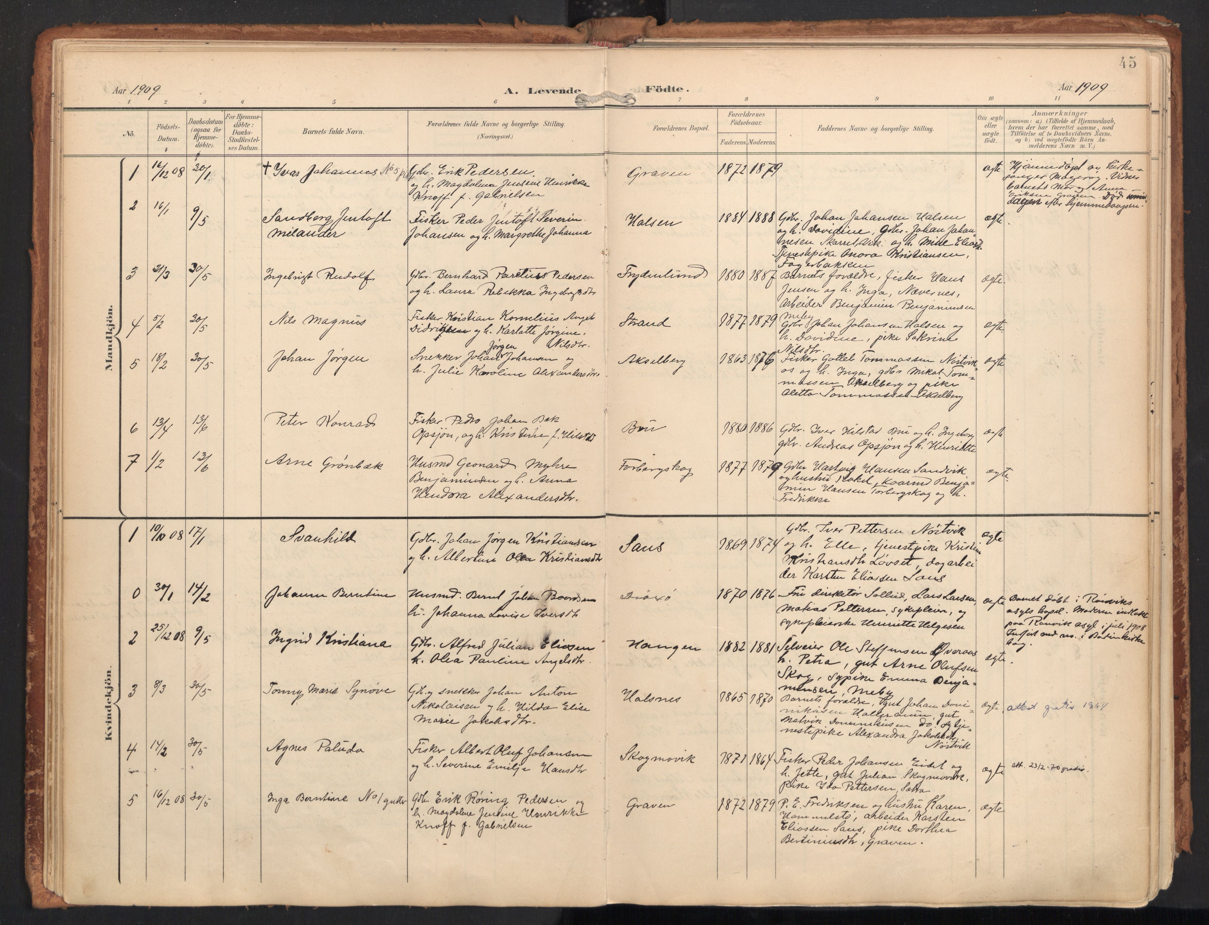 Ministerialprotokoller, klokkerbøker og fødselsregistre - Nordland, SAT/A-1459/814/L0227: Parish register (official) no. 814A08, 1899-1920, p. 45