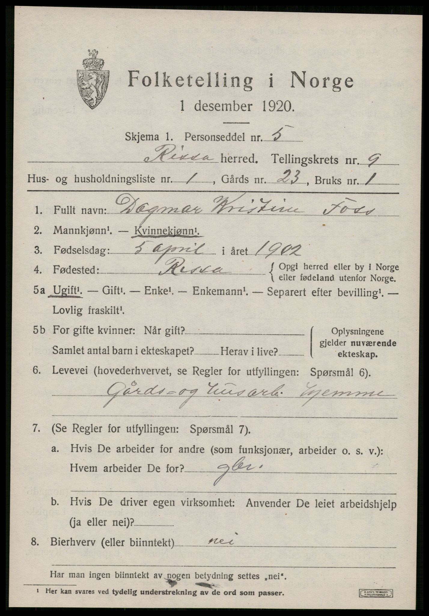 SAT, 1920 census for Rissa, 1920, p. 5957