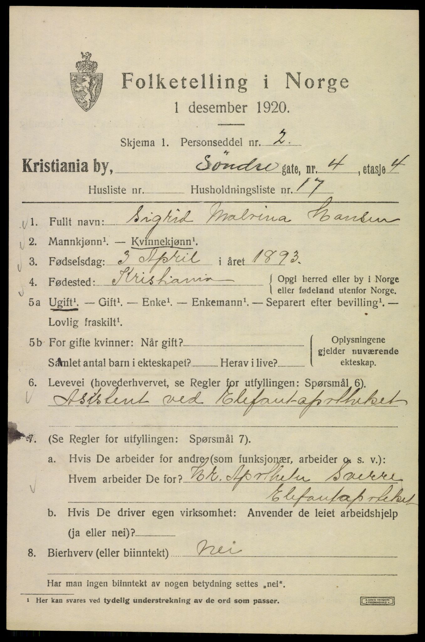 SAO, 1920 census for Kristiania, 1920, p. 561901