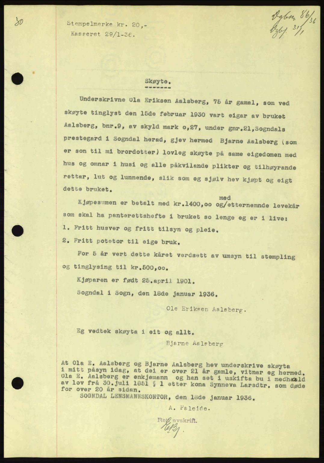 Indre Sogn tingrett, SAB/A-3301/1/G/Gb/Gba/L0030: Mortgage book no. 30, 1935-1937, Deed date: 29.01.1936