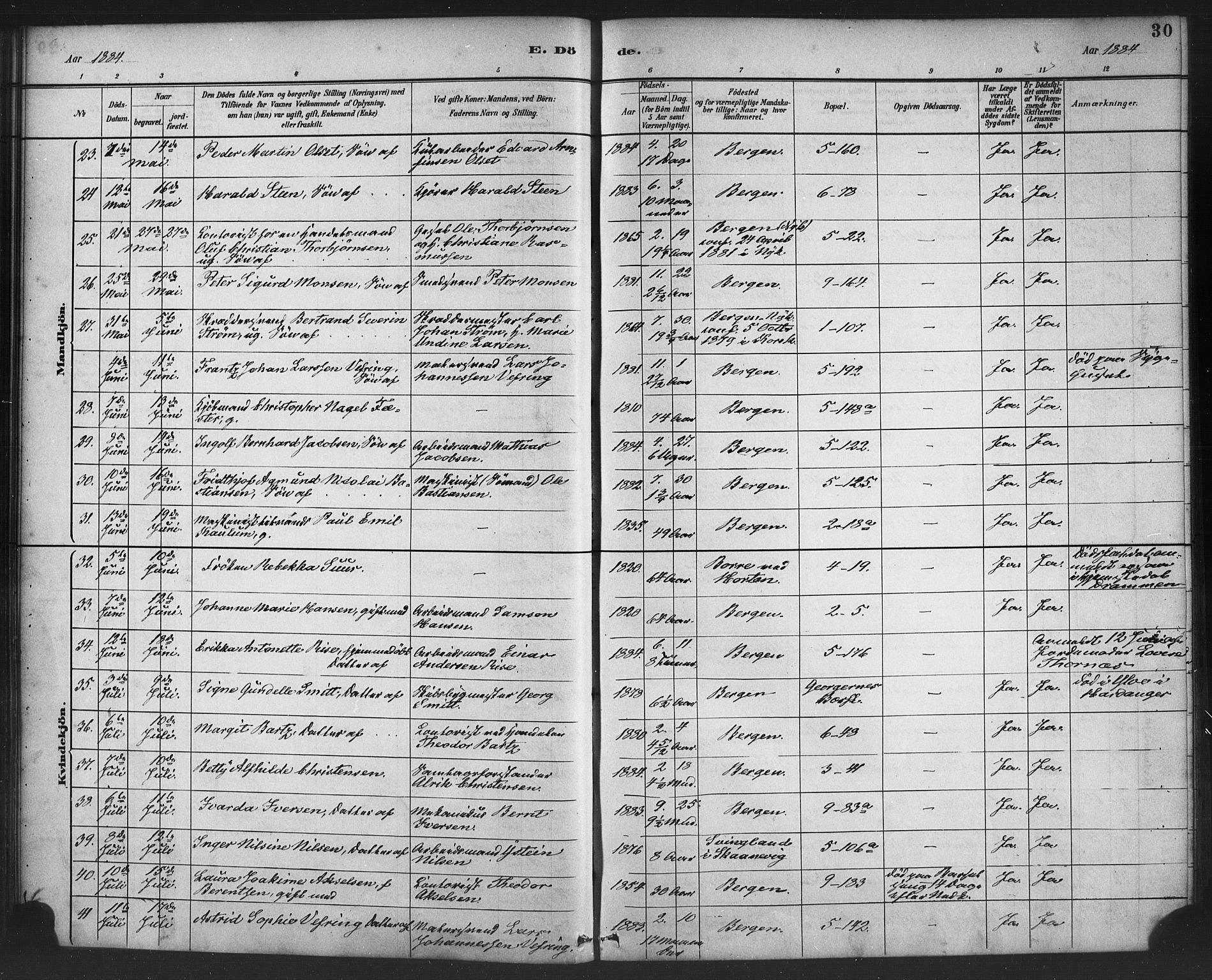 Nykirken Sokneprestembete, AV/SAB-A-77101/H/Haa/L0044: Parish register (official) no. E 4, 1882-1898, p. 30