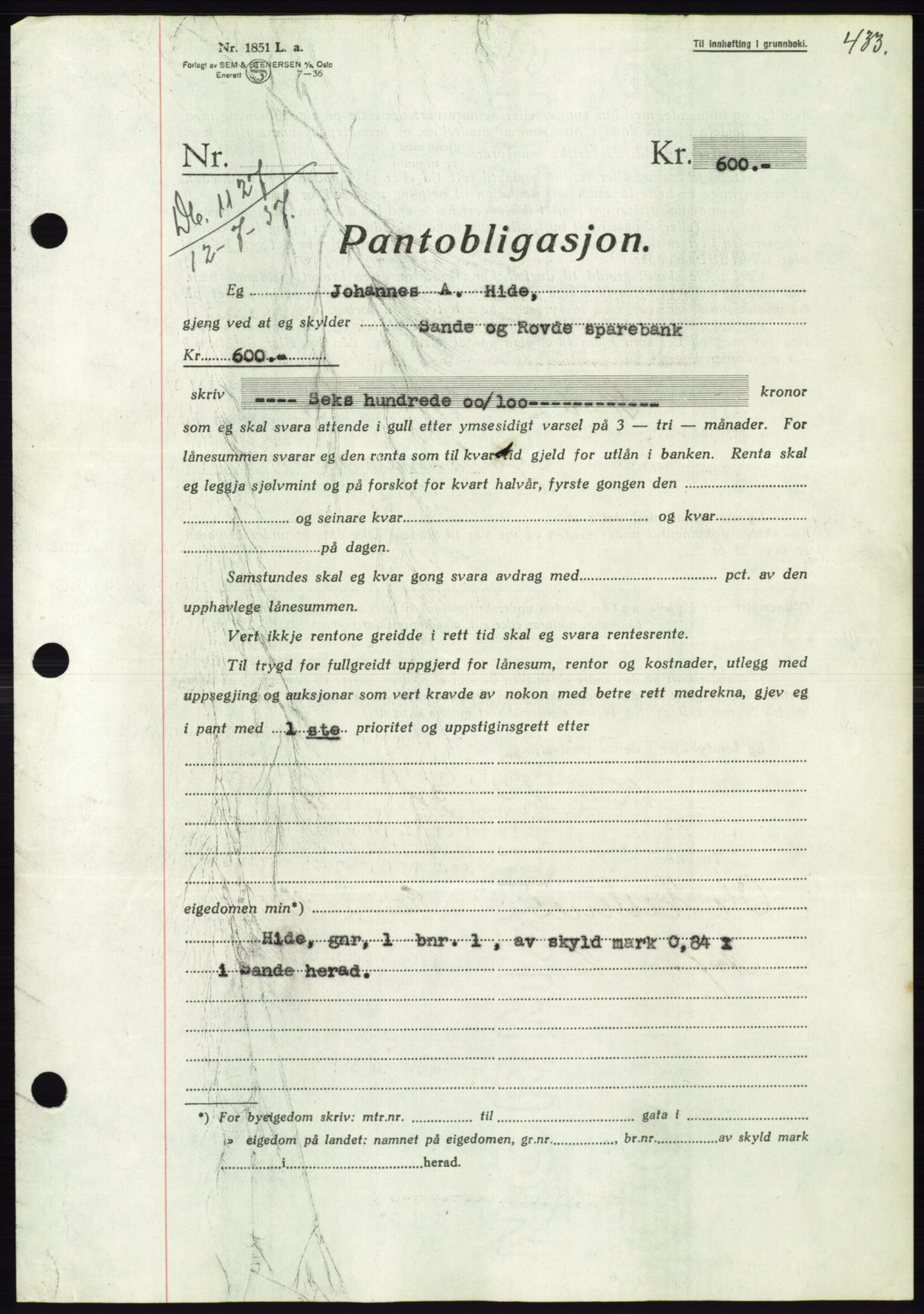 Søre Sunnmøre sorenskriveri, AV/SAT-A-4122/1/2/2C/L0063: Mortgage book no. 57, 1937-1937, Diary no: : 1127/1937