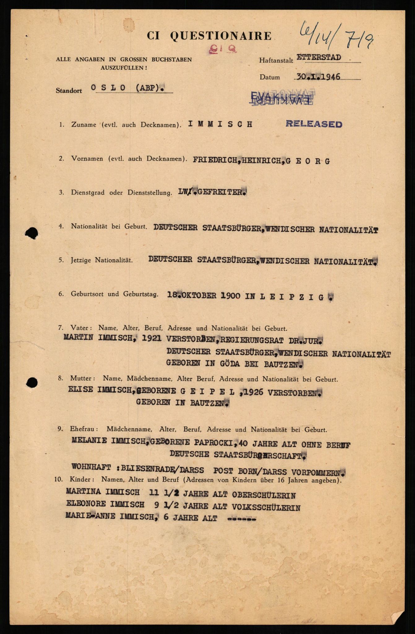 Forsvaret, Forsvarets overkommando II, RA/RAFA-3915/D/Db/L0014: CI Questionaires. Tyske okkupasjonsstyrker i Norge. Tyskere., 1945-1946, p. 362