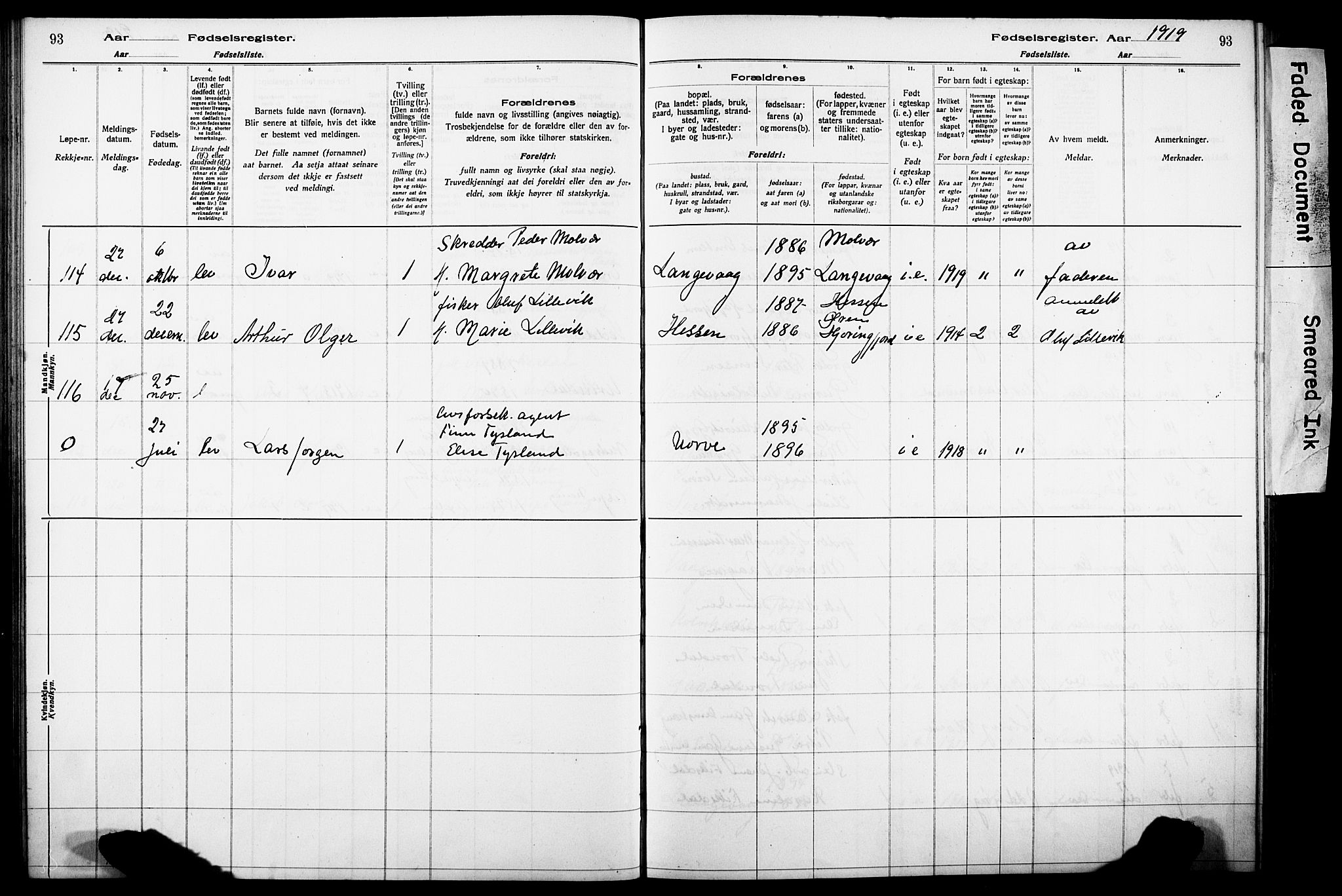 Ministerialprotokoller, klokkerbøker og fødselsregistre - Møre og Romsdal, AV/SAT-A-1454/528/L0442: Birth register no. 528.II.4.1, 1916-1924, p. 93