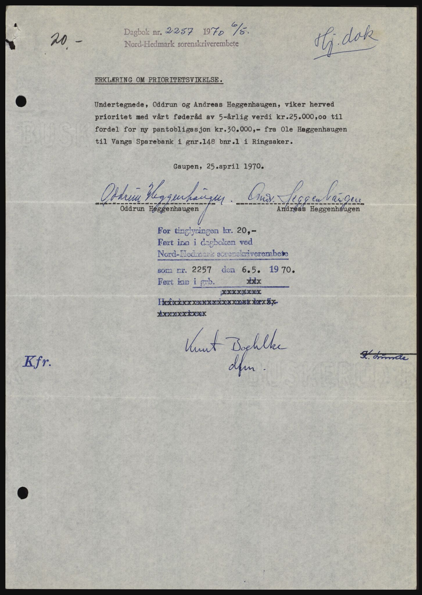 Nord-Hedmark sorenskriveri, SAH/TING-012/H/Hc/L0033: Mortgage book no. 33, 1970-1970, Diary no: : 2257/1970