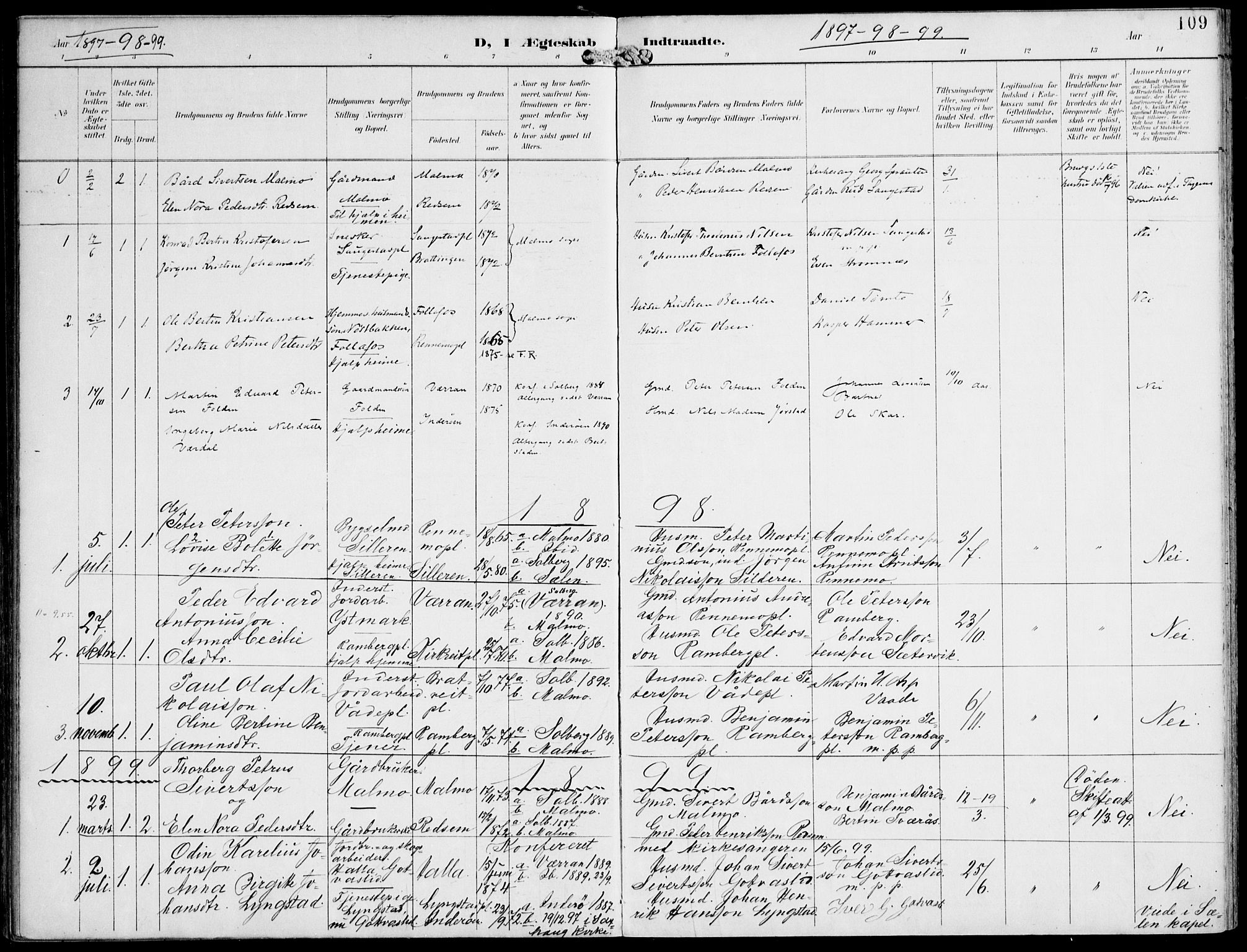 Ministerialprotokoller, klokkerbøker og fødselsregistre - Nord-Trøndelag, SAT/A-1458/745/L0430: Parish register (official) no. 745A02, 1895-1913, p. 109
