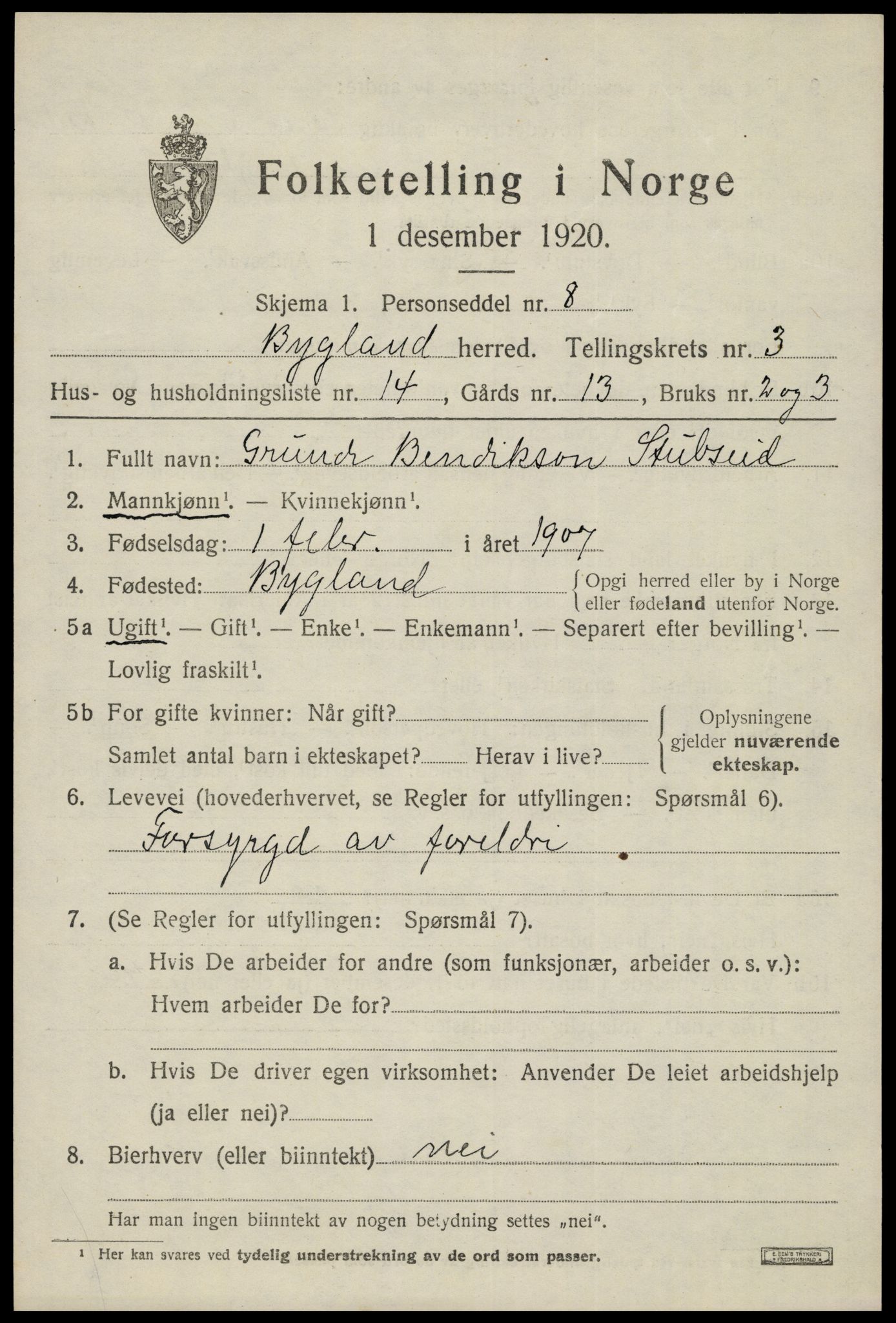SAK, 1920 census for Bygland, 1920, p. 1639