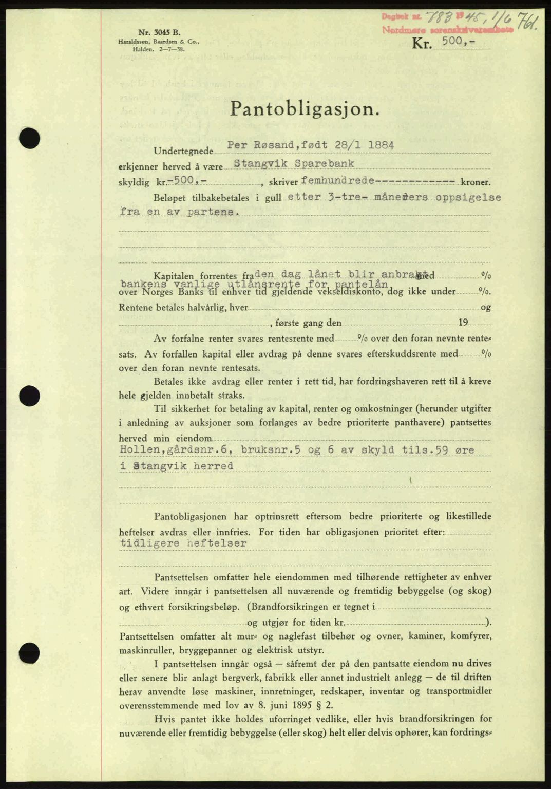 Nordmøre sorenskriveri, AV/SAT-A-4132/1/2/2Ca: Mortgage book no. B92, 1944-1945, Diary no: : 783/1945