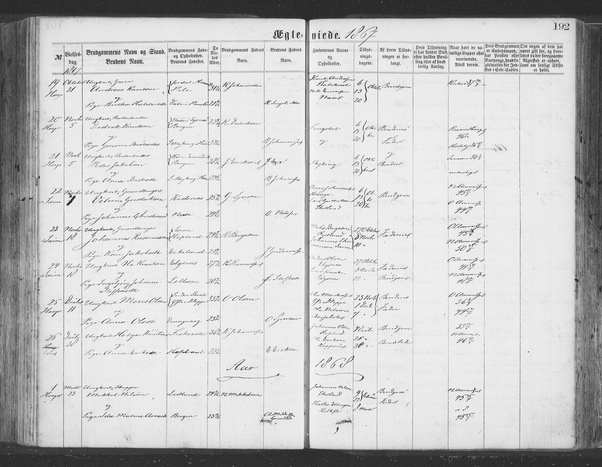 Hosanger sokneprestembete, AV/SAB-A-75801/H/Haa: Parish register (official) no. A 9, 1864-1876, p. 192