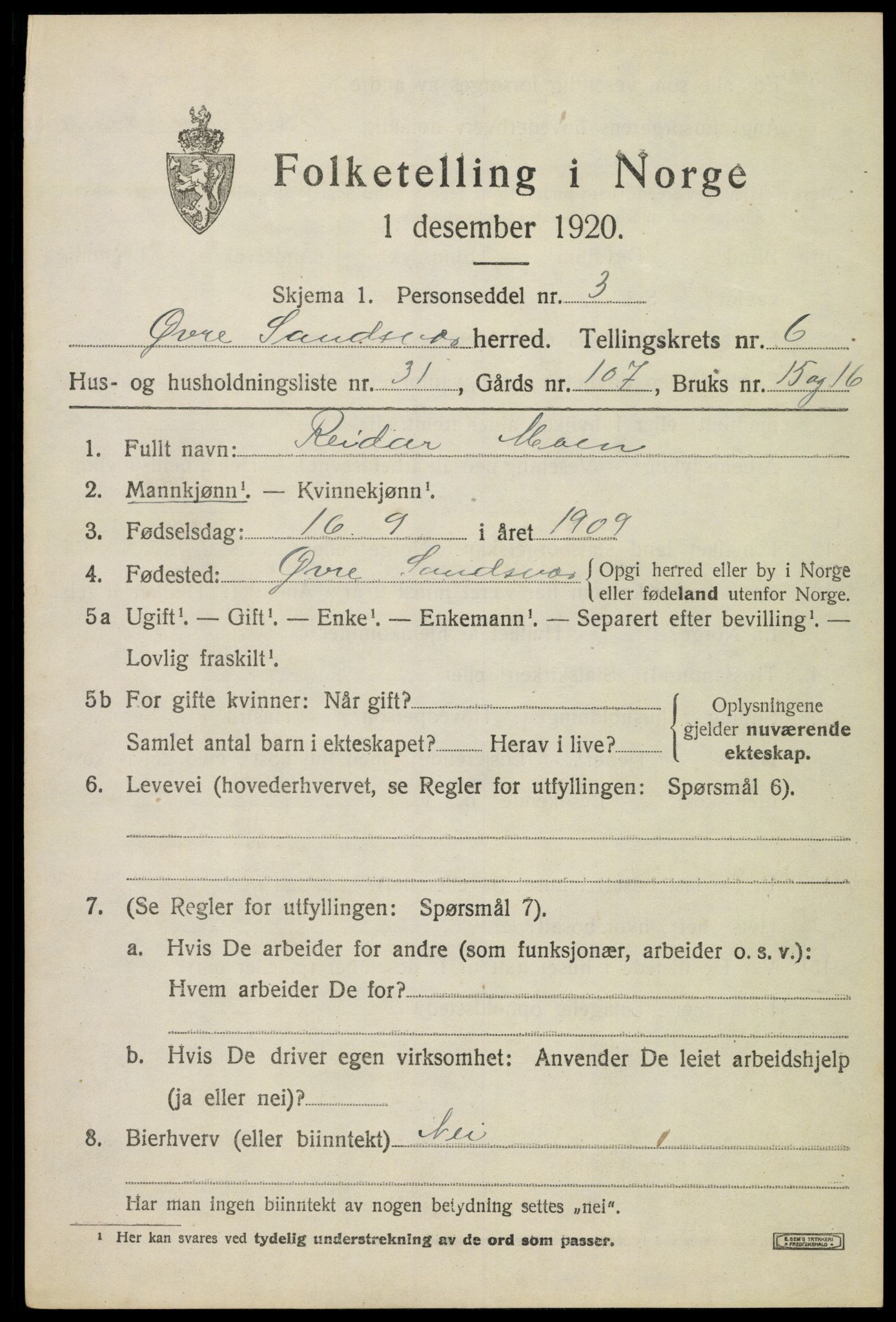 SAKO, 1920 census for Øvre Sandsvær, 1920, p. 3732