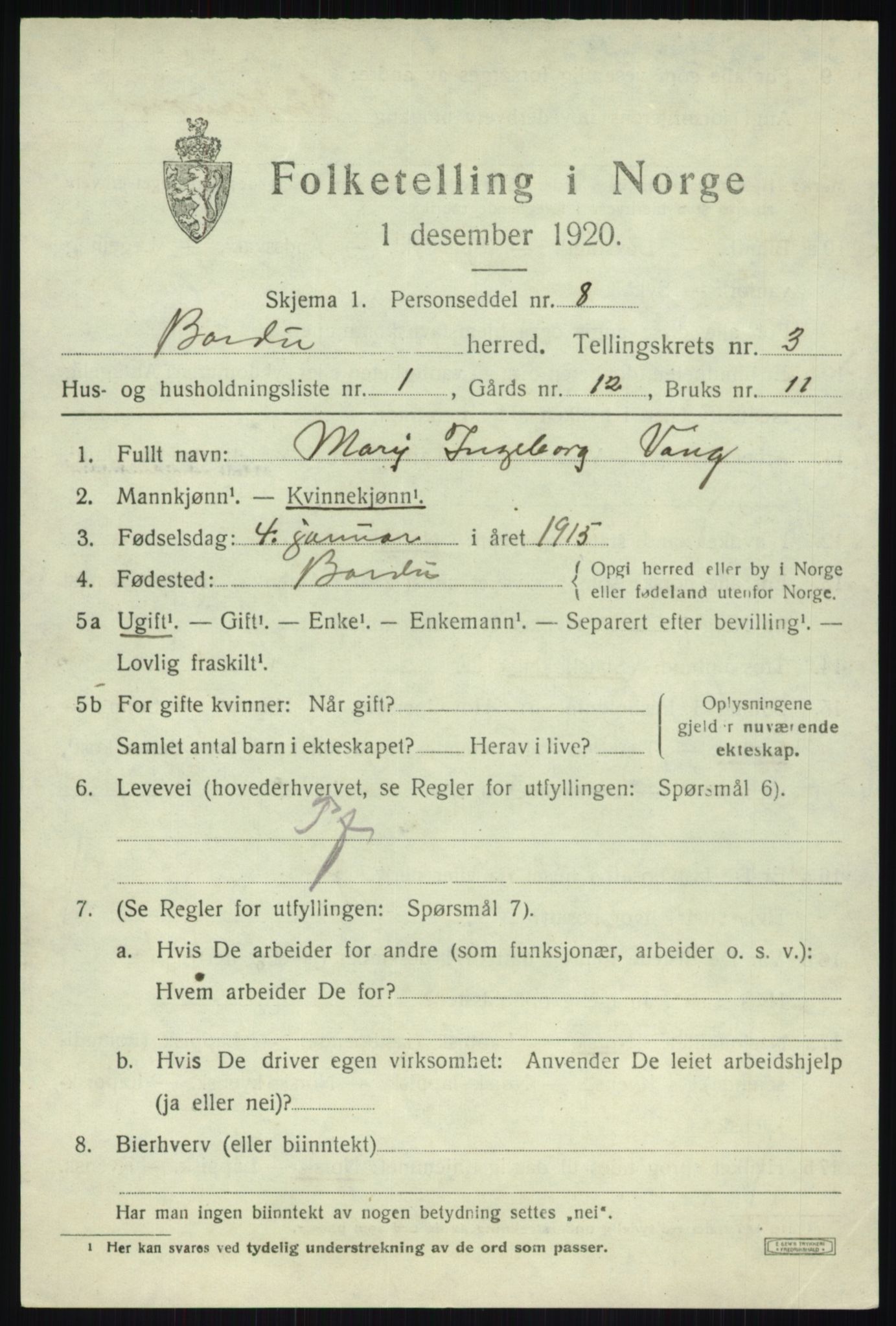 SATØ, 1920 census for Bardu, 1920, p. 1171