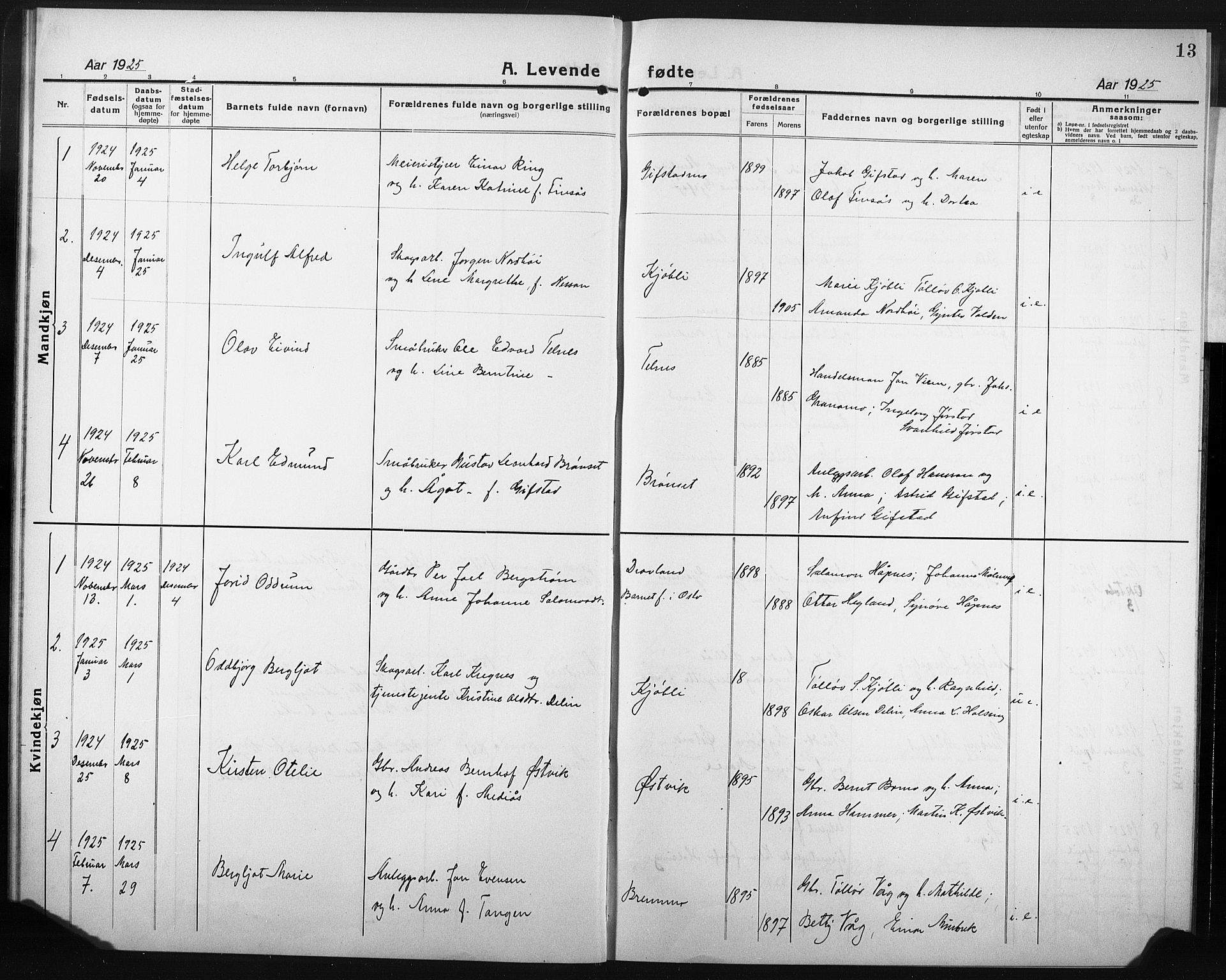 Ministerialprotokoller, klokkerbøker og fødselsregistre - Nord-Trøndelag, AV/SAT-A-1458/749/L0480: Parish register (copy) no. 749C02, 1924-1932, p. 13