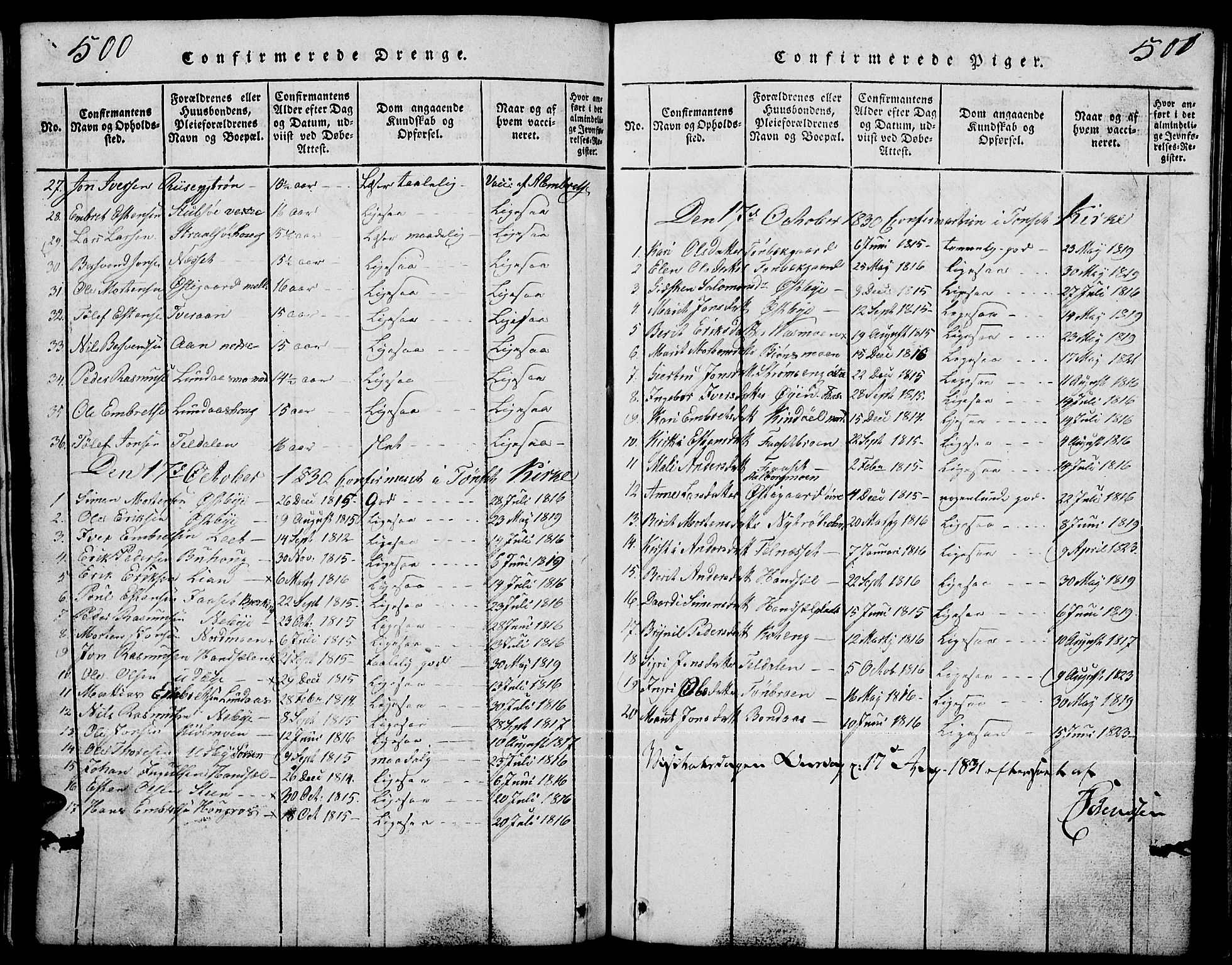 Tynset prestekontor, SAH/PREST-058/H/Ha/Hab/L0001: Parish register (copy) no. 1, 1814-1859, p. 500-501