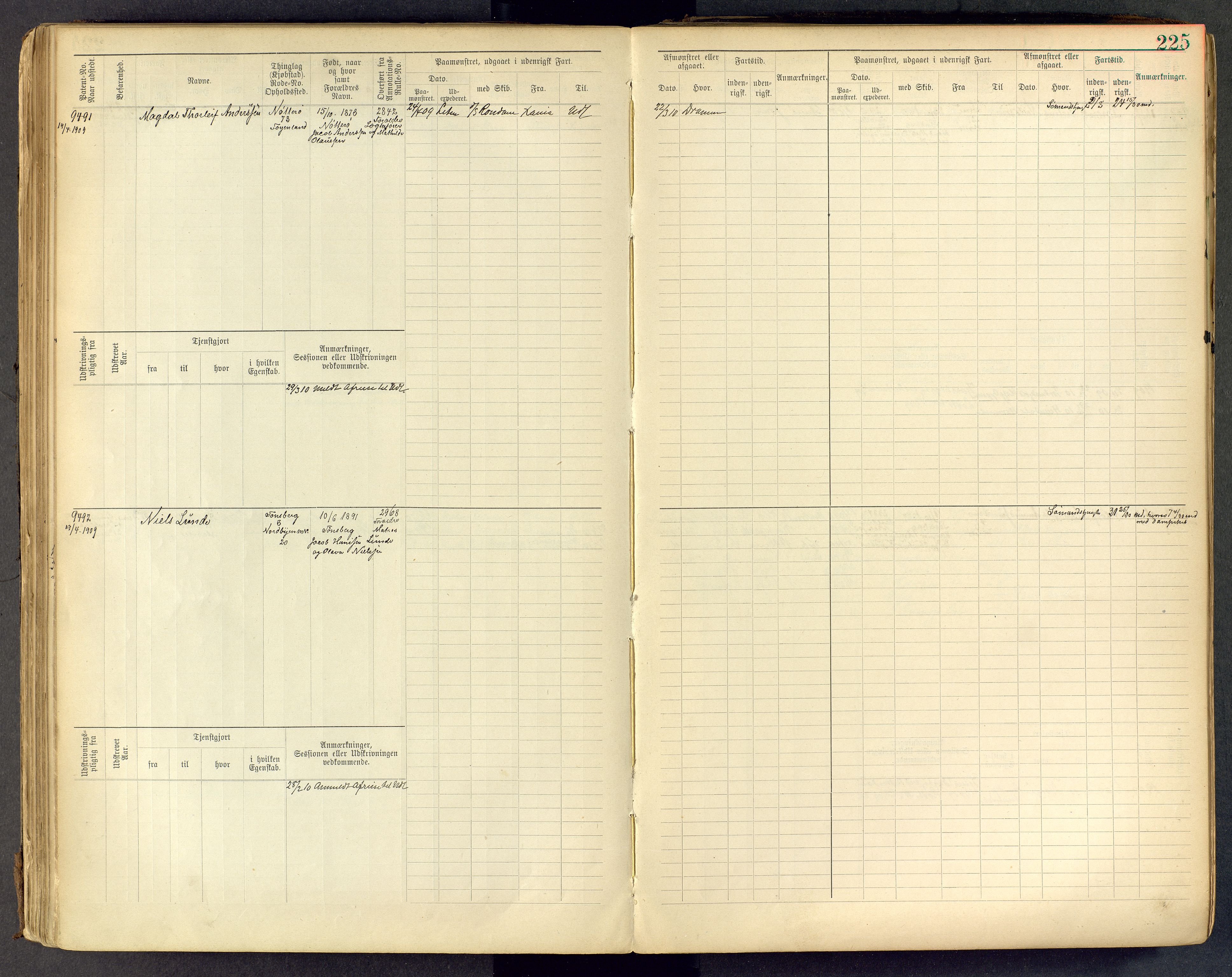 Tønsberg innrulleringskontor, AV/SAKO-A-786/F/Fc/Fcb/L0009: Hovedrulle Patent nr. 9043-9992, 1900-1921, p. 225