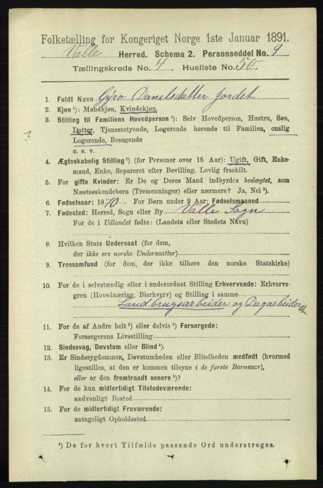 RA, 1891 census for 0940 Valle, 1891, p. 1274