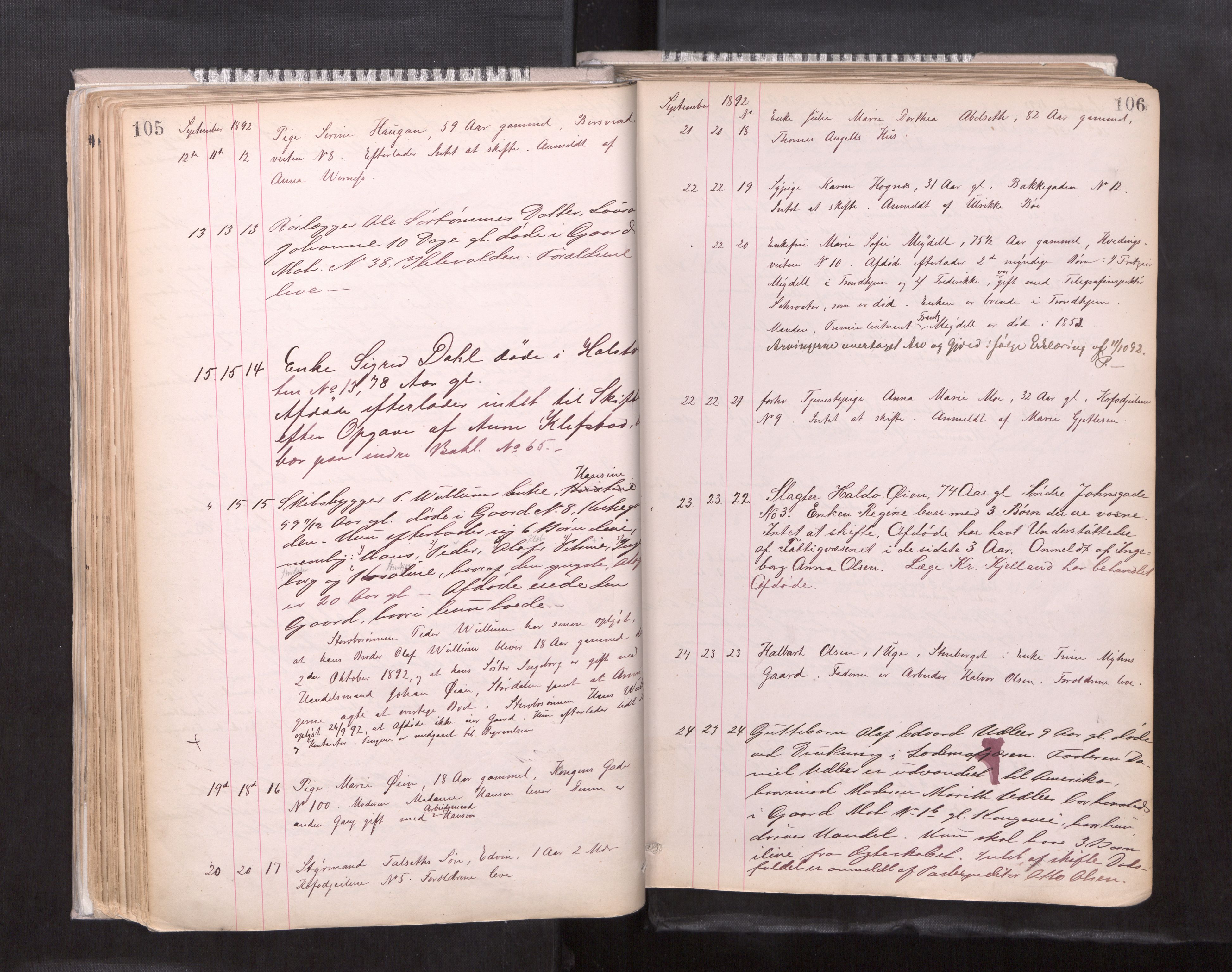 Trondheim byfogd, AV/SAT-A-0003/1/3/3L/L0004: Dødsanmeldelsesprotokoll, 1891-1897, p. 105-106