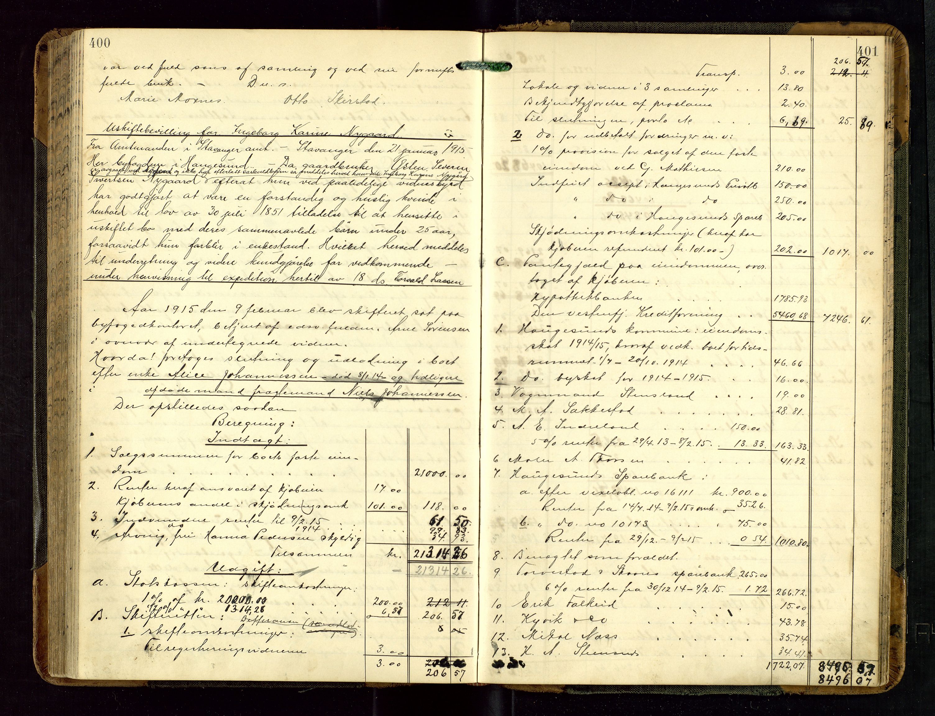 Haugesund tingrett, SAST/A-101415/01/IV/IVD/L0002: Skifteutlodningsprotokoll, med register, 1904-1915, p. 400-401