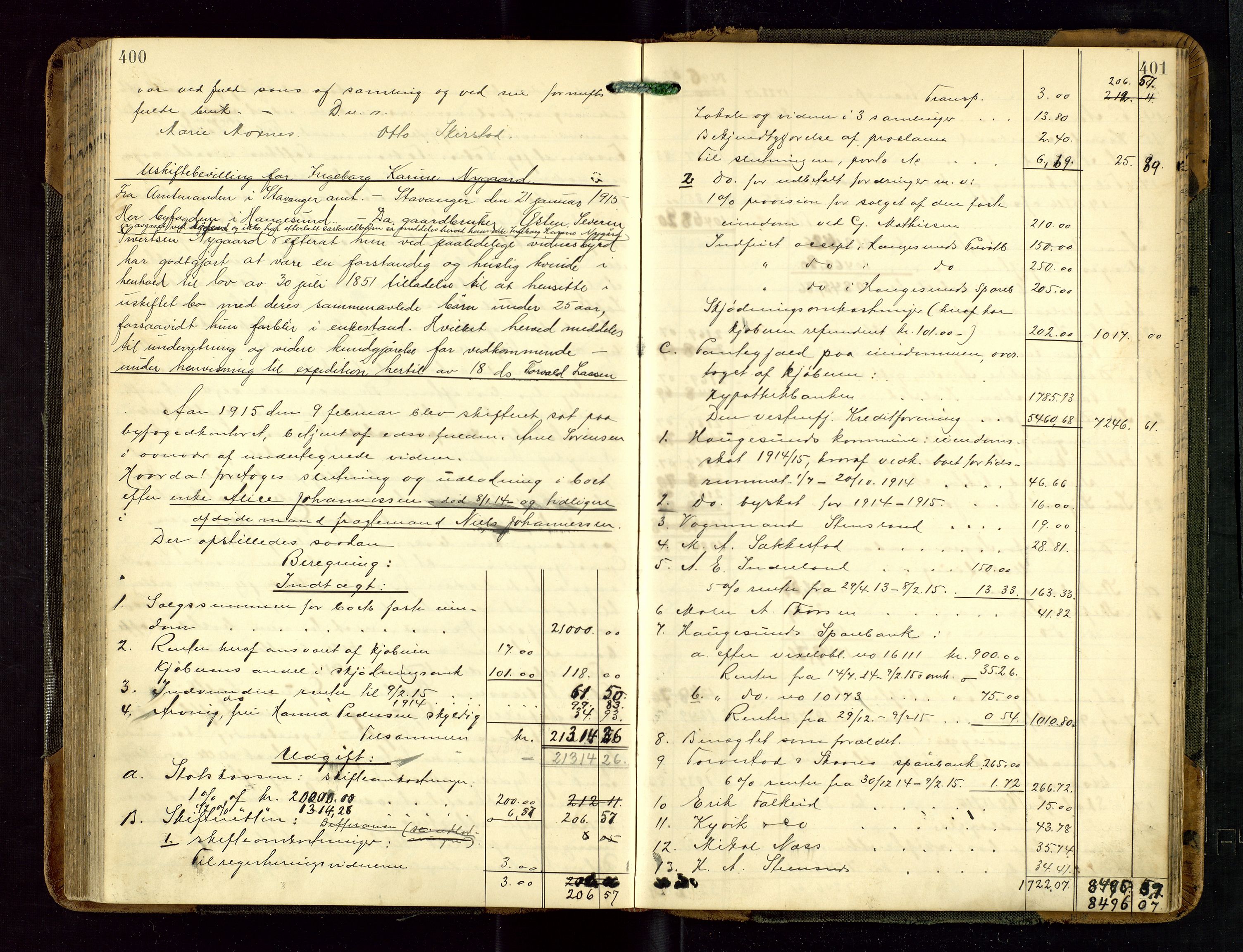 Haugesund tingrett, AV/SAST-A-101415/01/IV/IVD/L0002: Skifteutlodningsprotokoll, med register, 1904-1915, p. 400-401