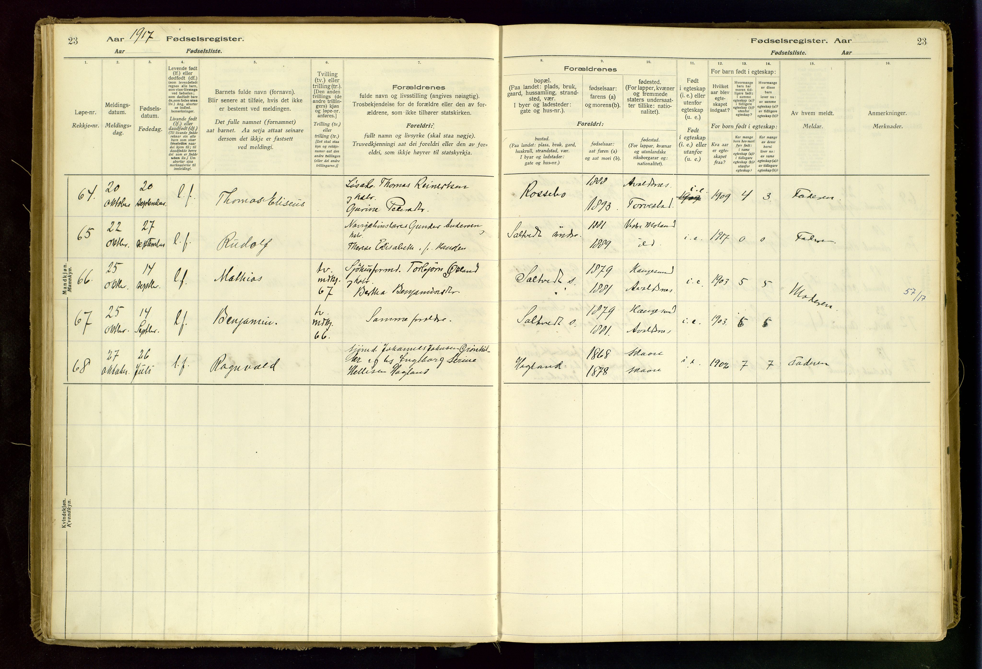 Haugesund sokneprestkontor, AV/SAST-A -101863/I/Id/L0001: Birth register no. 1, 1916-1935, p. 23