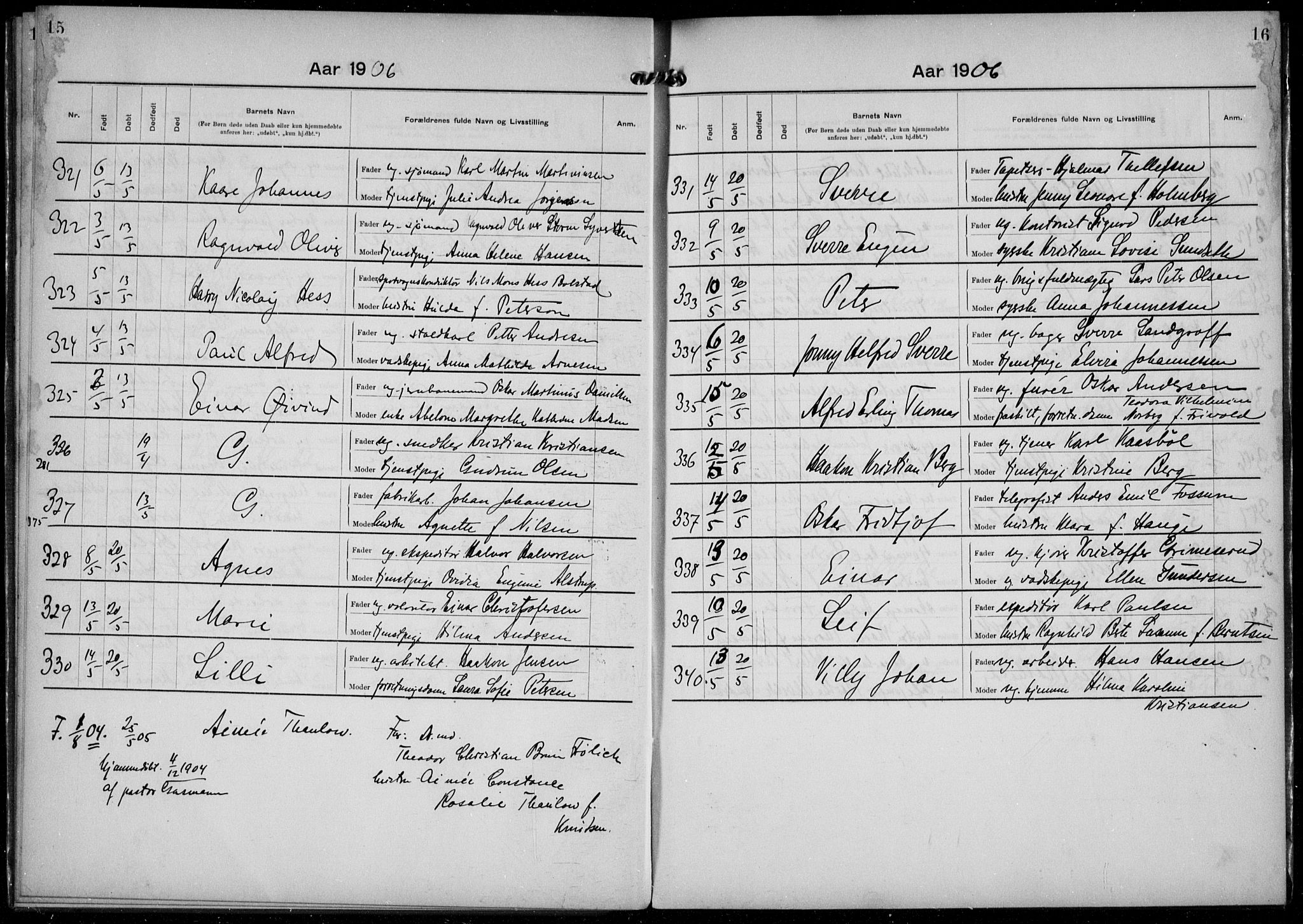 Rikshospitalet prestekontor Kirkebøker, SAO/A-10309b/K/L0006/0002: Baptism register no. 6.2, 1906-1908, p. 15-16