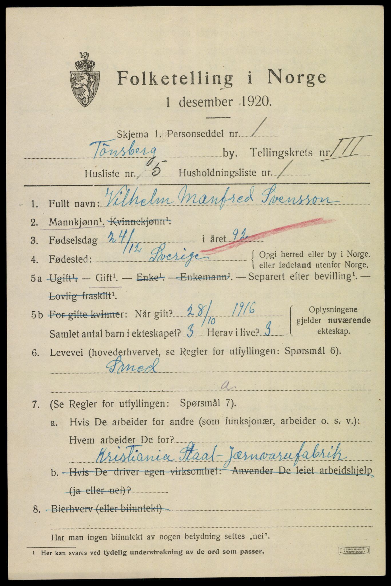 SAKO, 1920 census for Tønsberg, 1920, p. 11035