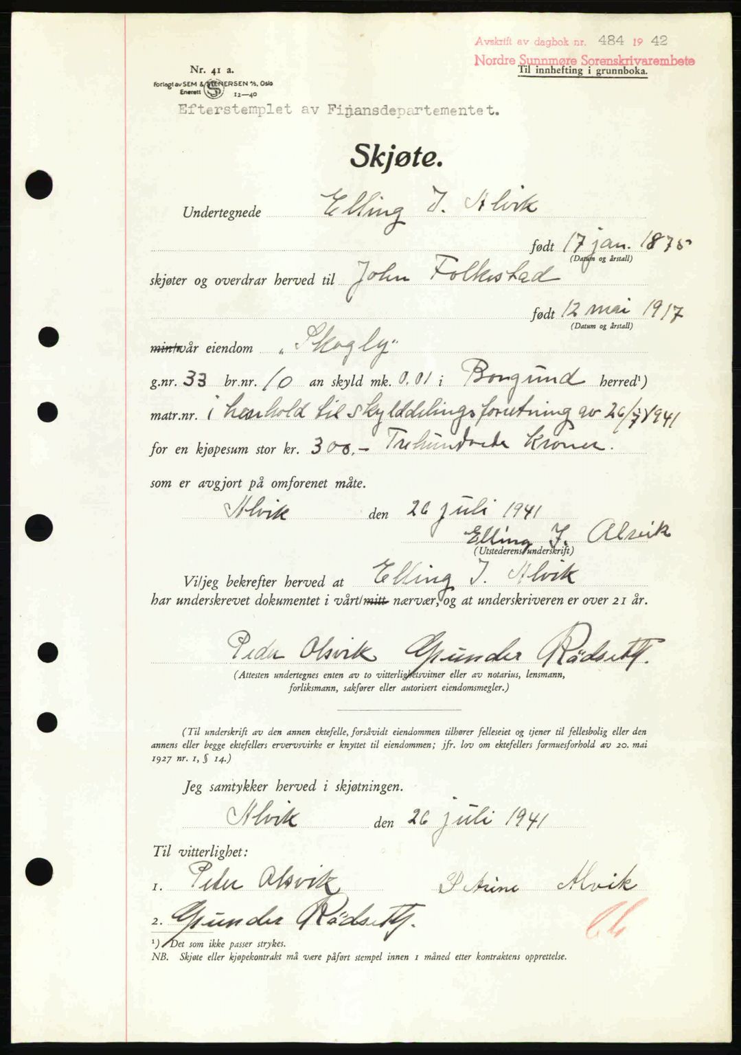 Nordre Sunnmøre sorenskriveri, AV/SAT-A-0006/1/2/2C/2Ca: Mortgage book no. A13, 1942-1942, Diary no: : 484/1942