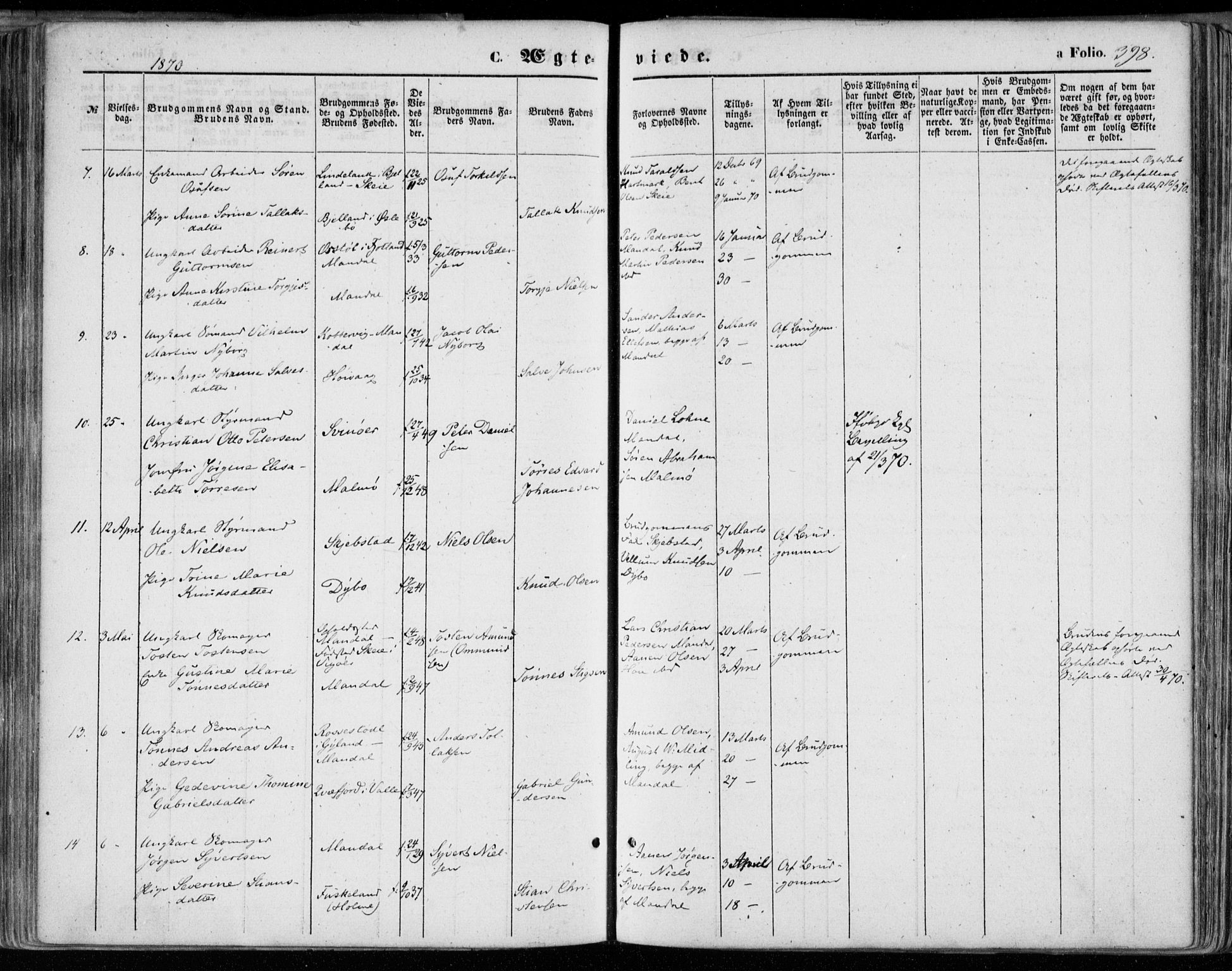 Mandal sokneprestkontor, AV/SAK-1111-0030/F/Fa/Faa/L0014: Parish register (official) no. A 14, 1859-1872, p. 398