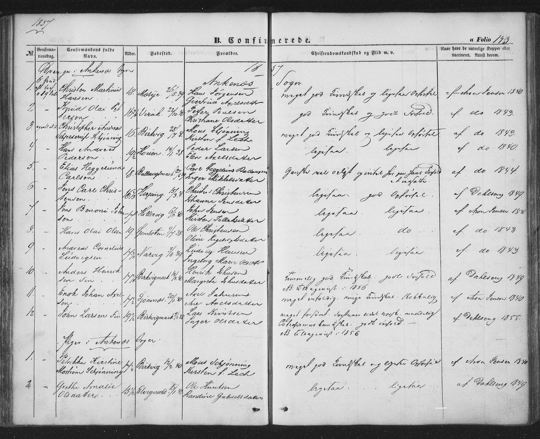 Ministerialprotokoller, klokkerbøker og fødselsregistre - Nordland, AV/SAT-A-1459/863/L0895: Parish register (official) no. 863A07, 1851-1860, p. 143