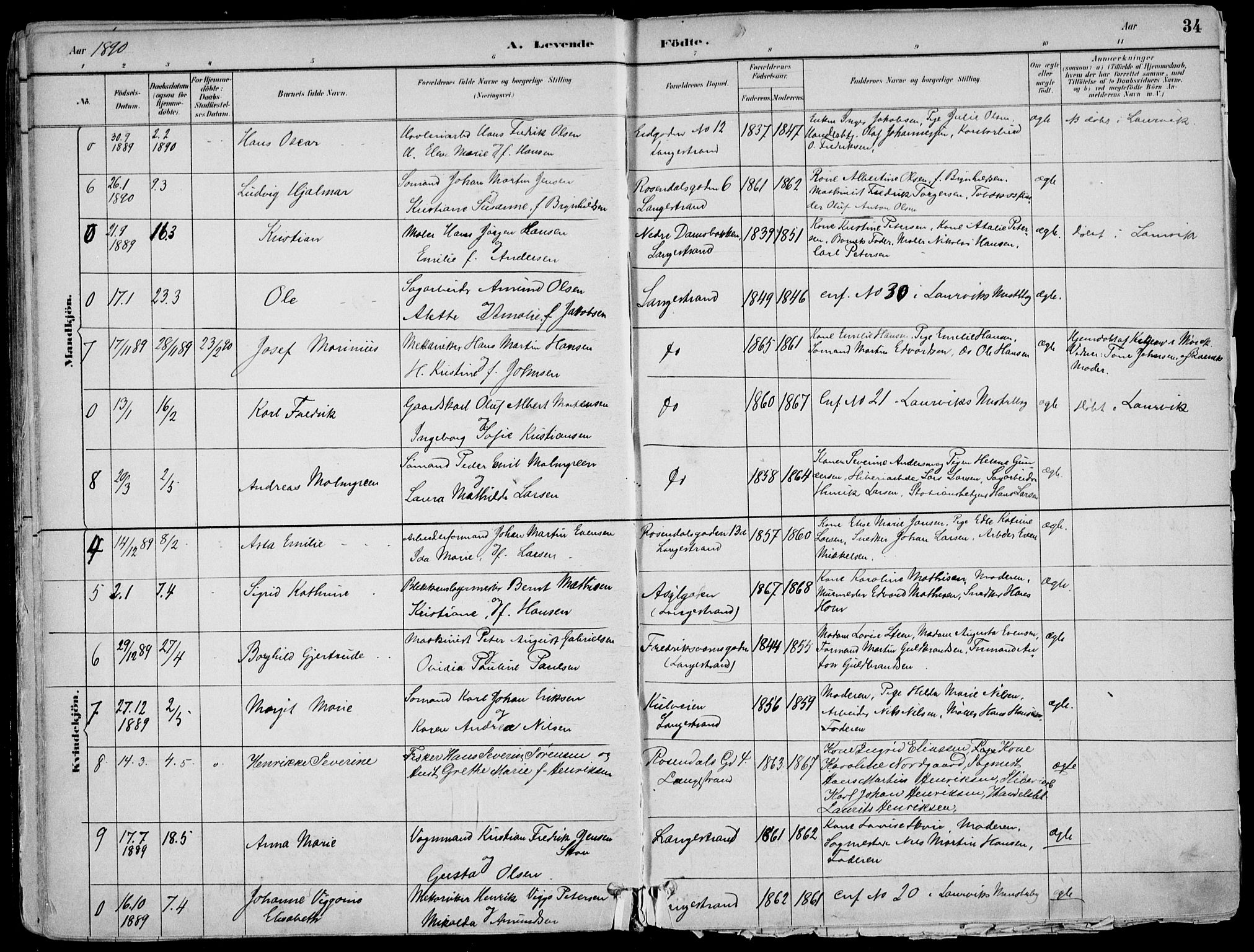 Larvik kirkebøker, AV/SAKO-A-352/F/Fb/L0004: Parish register (official) no. II 4, 1884-1902, p. 34