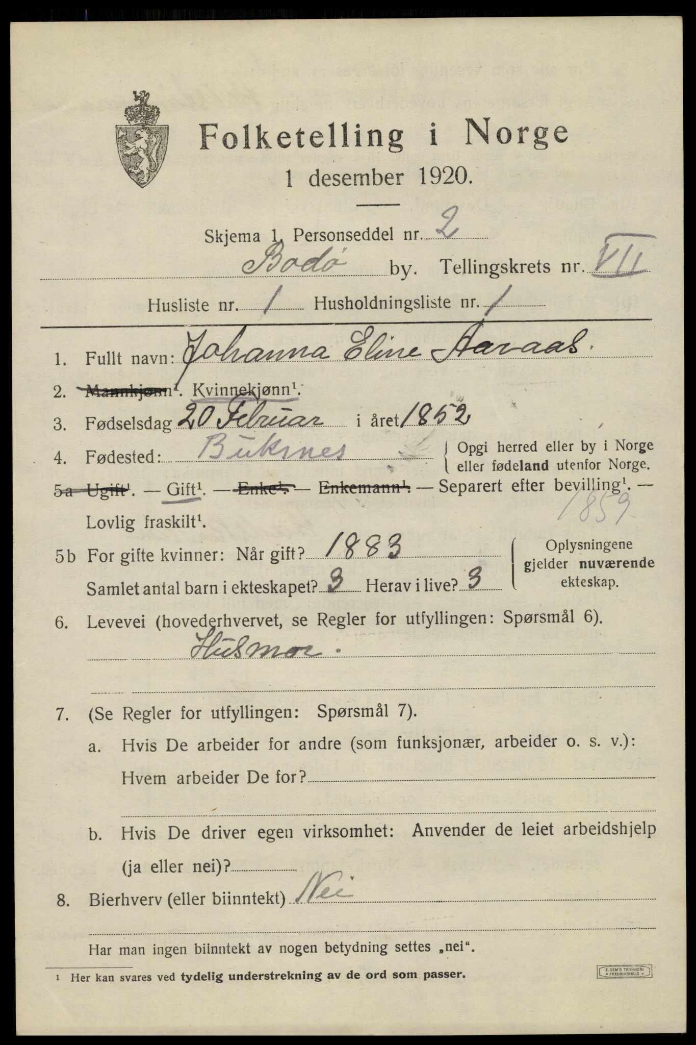 SAT, 1920 census for Bodø, 1920, p. 11099