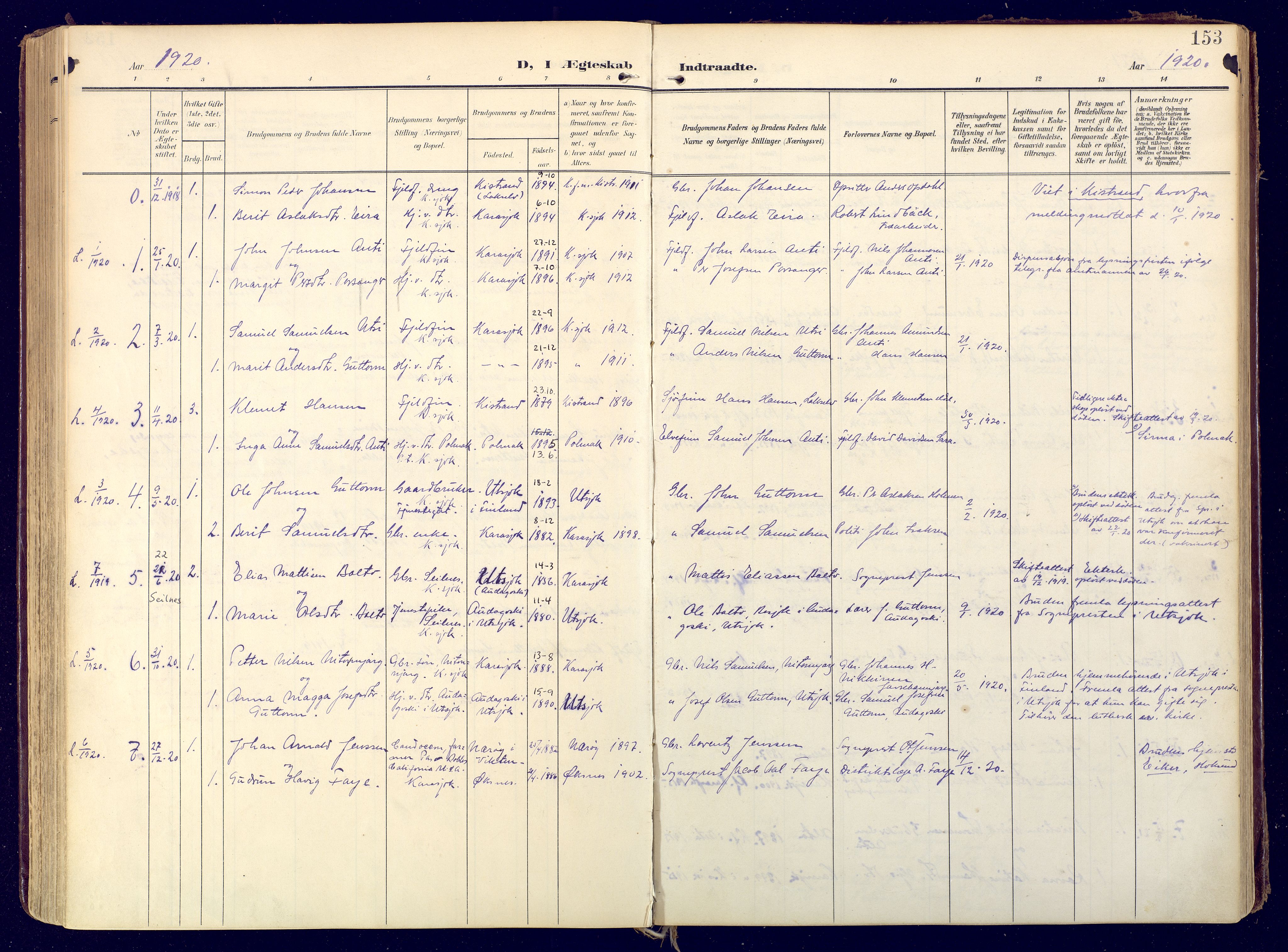 Karasjok sokneprestkontor, SATØ/S-1352/H/Ha: Parish register (official) no. 3, 1907-1926, p. 153