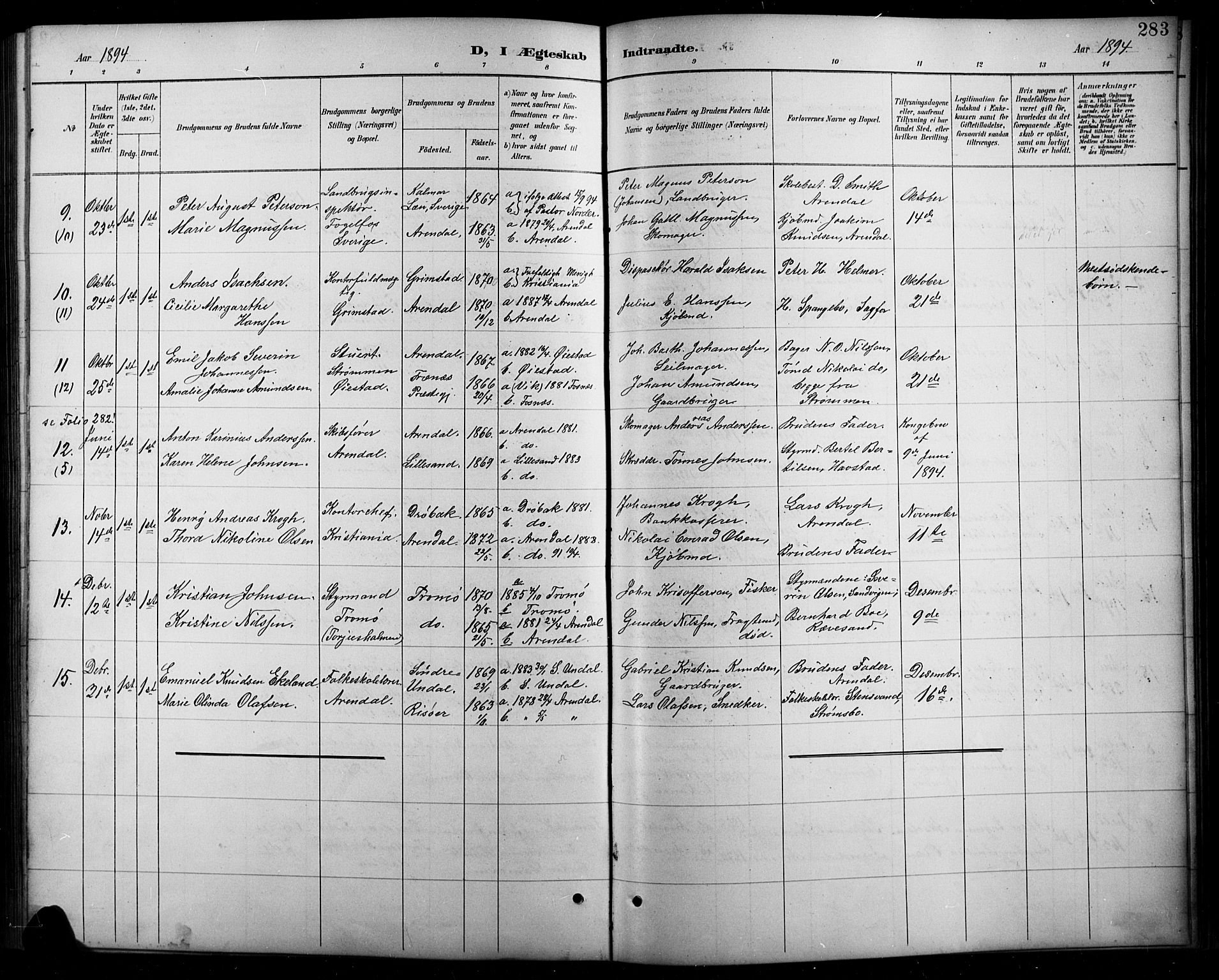 Arendal sokneprestkontor, Trefoldighet, SAK/1111-0040/F/Fb/L0006: Parish register (copy) no. B 6, 1889-1916, p. 283