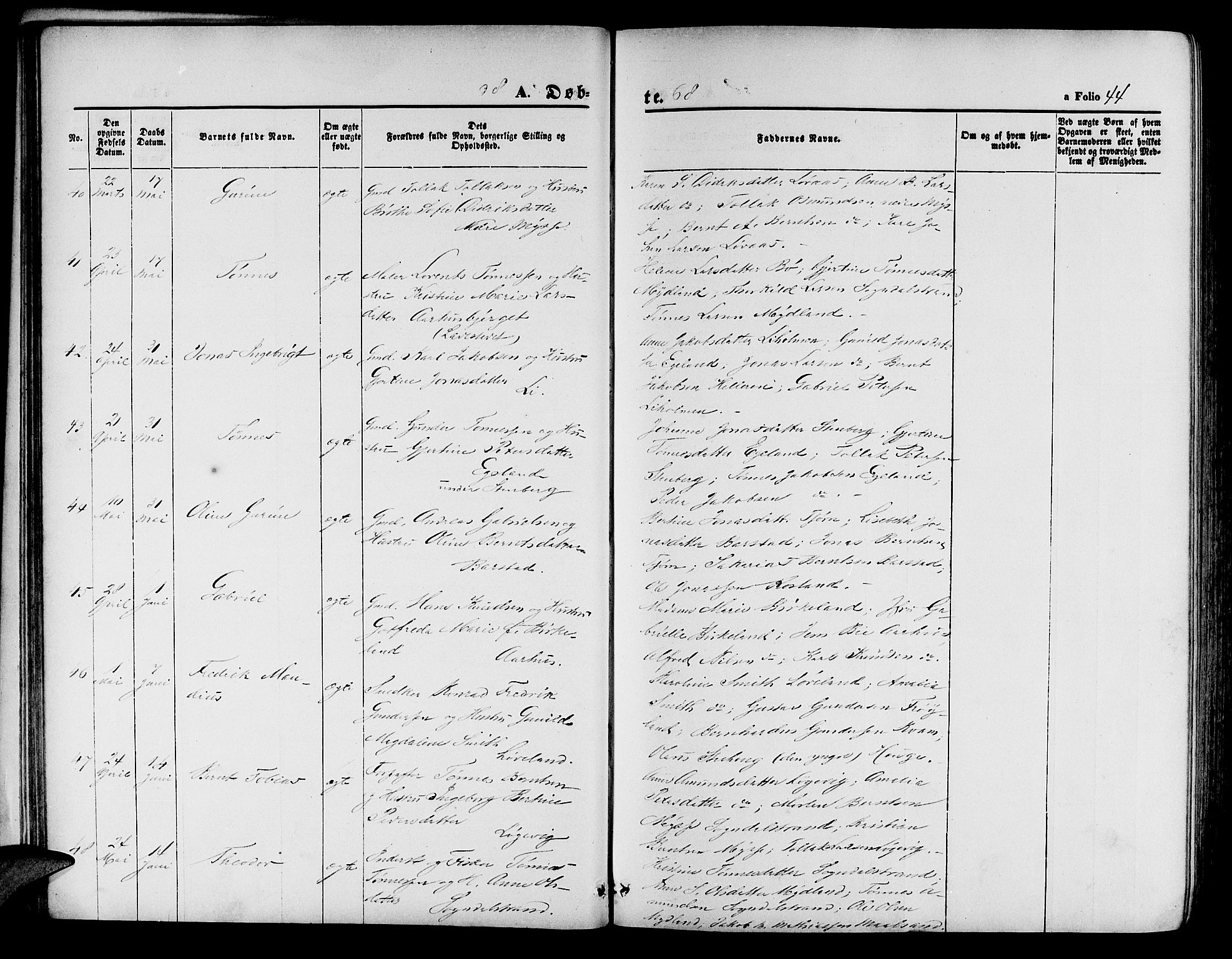 Sokndal sokneprestkontor, AV/SAST-A-101808: Parish register (copy) no. B 3, 1865-1879, p. 44