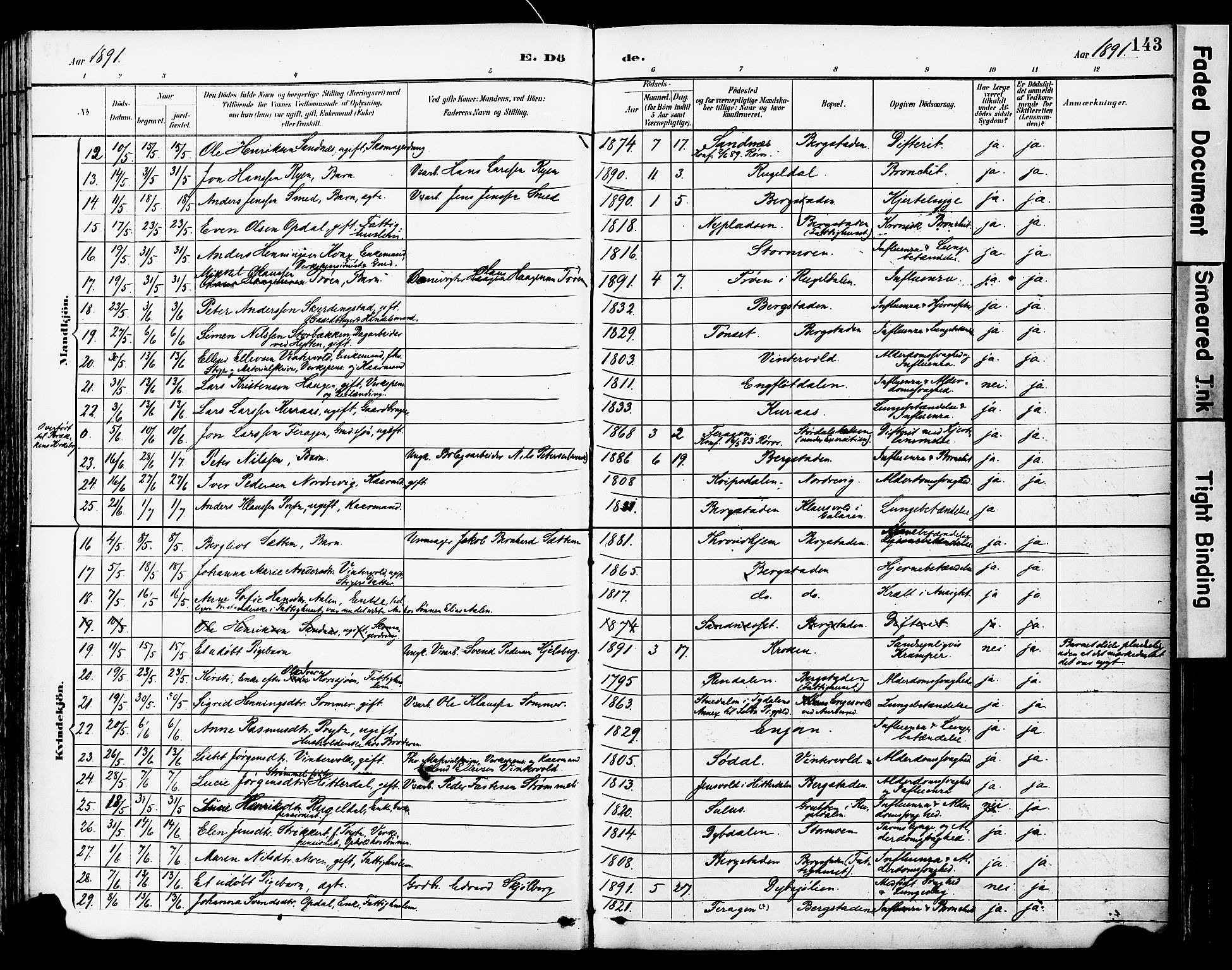 Ministerialprotokoller, klokkerbøker og fødselsregistre - Sør-Trøndelag, SAT/A-1456/681/L0935: Parish register (official) no. 681A13, 1890-1898, p. 143