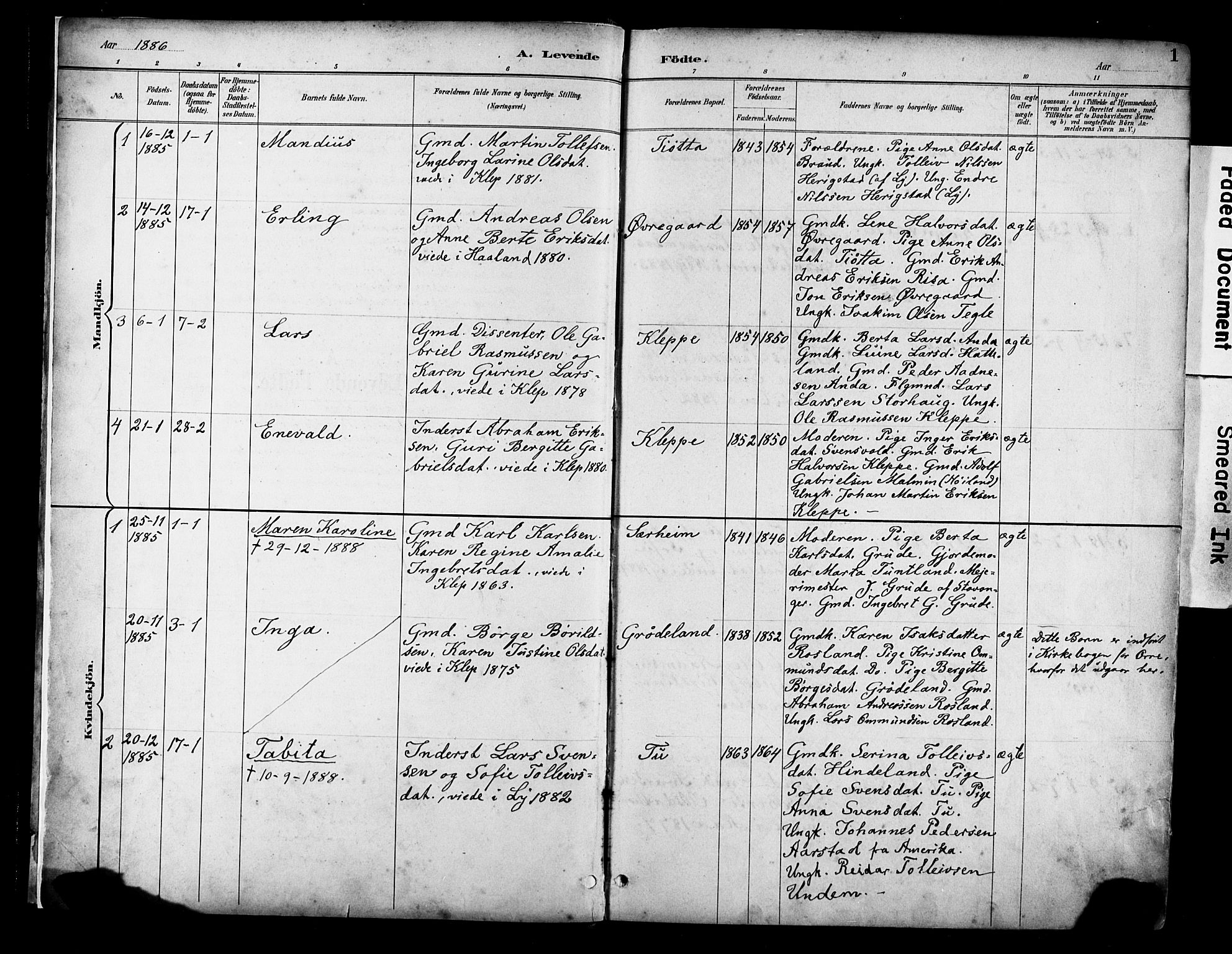 Klepp sokneprestkontor, SAST/A-101803/001/3/30BA/L0009: Parish register (official) no. A 7, 1886-1915, p. 1