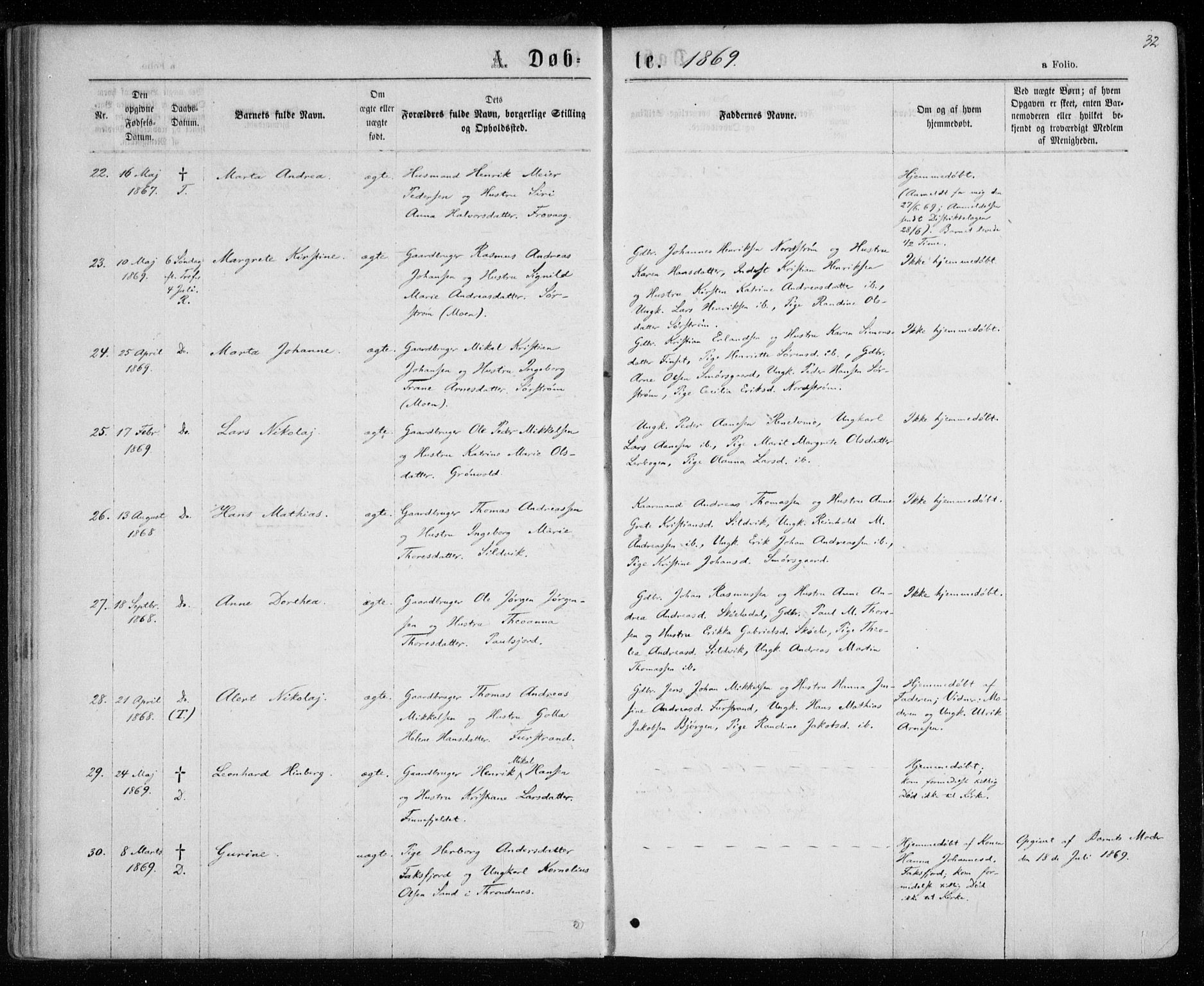 Tranøy sokneprestkontor, AV/SATØ-S-1313/I/Ia/Iaa/L0008kirke: Parish register (official) no. 8, 1867-1877, p. 32