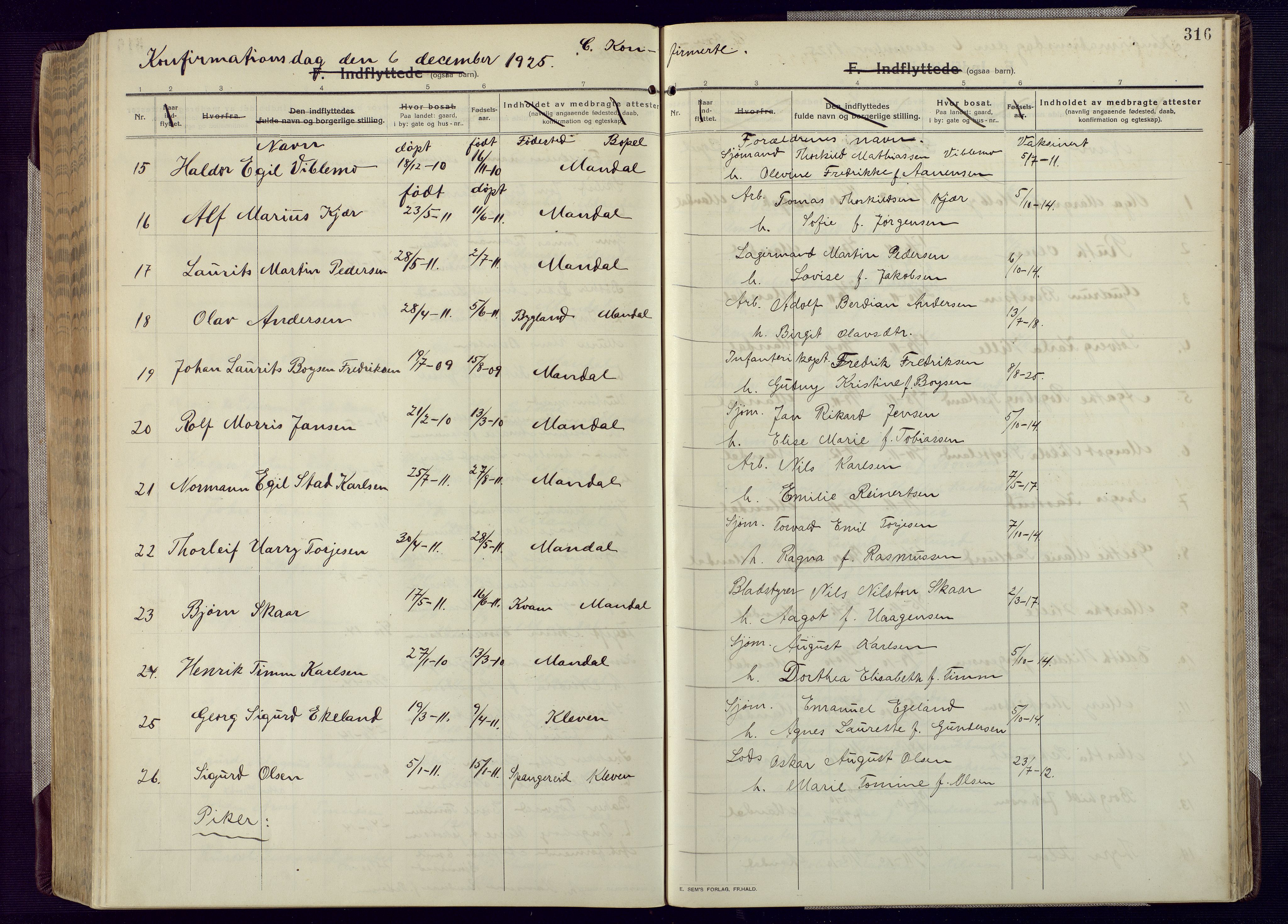 Mandal sokneprestkontor, AV/SAK-1111-0030/F/Fa/Fac/L0001: Parish register (official) no. A 1, 1913-1925, p. 316