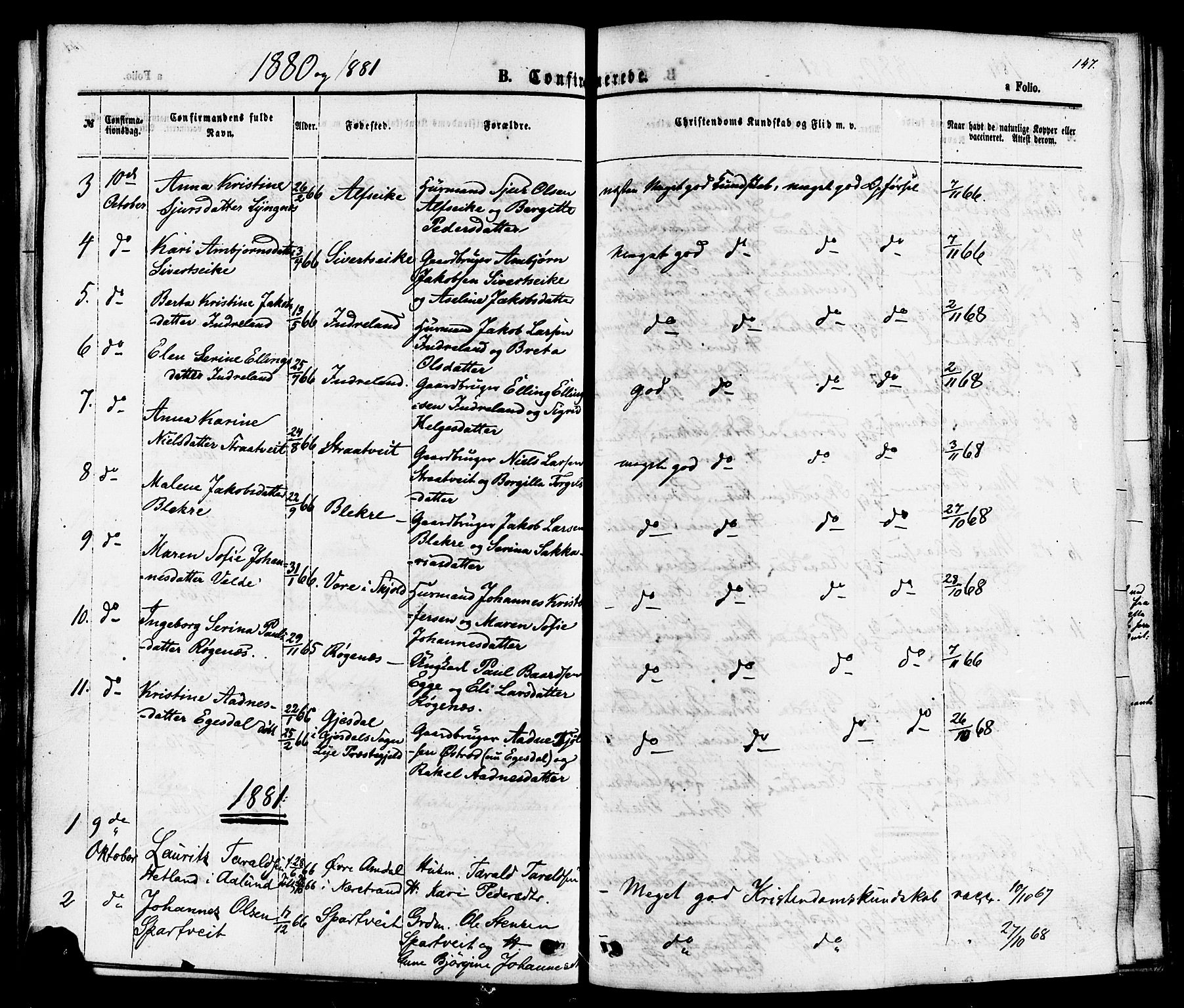 Skjold sokneprestkontor, AV/SAST-A-101847/H/Ha/Haa/L0007: Parish register (official) no. A 7, 1857-1882, p. 147