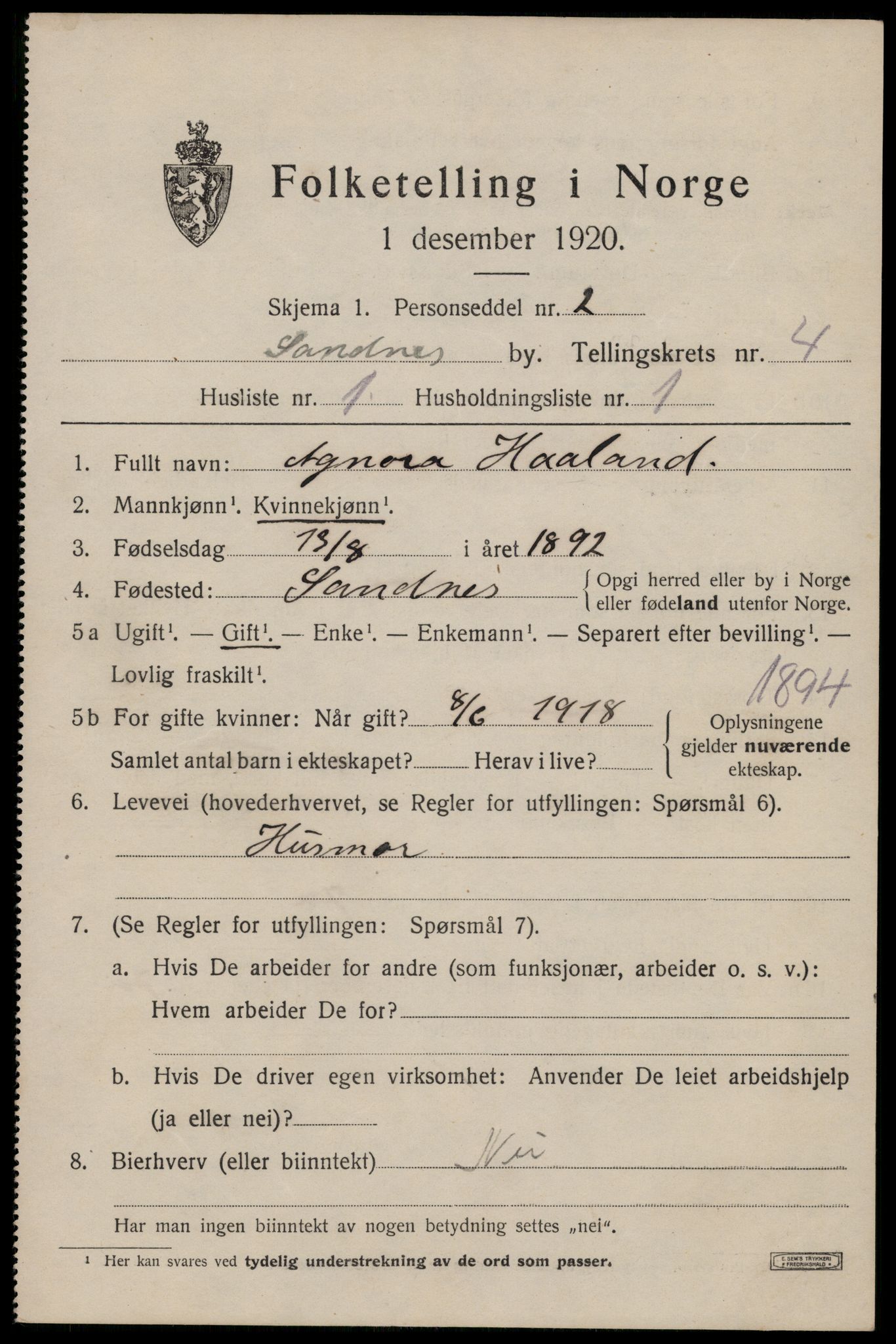 SAST, 1920 census for Sandnes, 1920, p. 4210