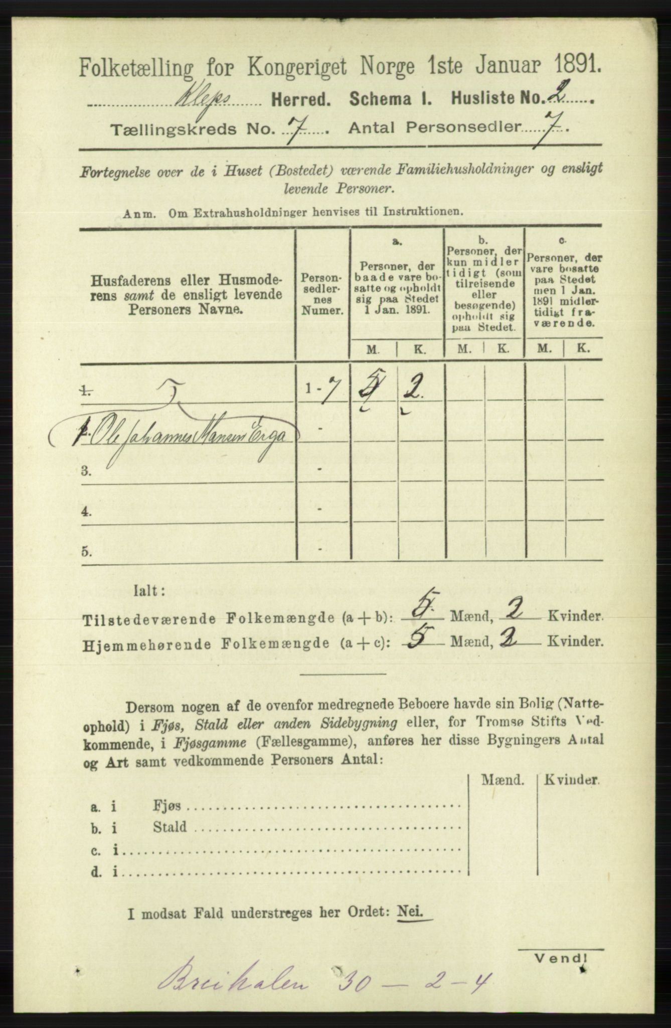 RA, 1891 census for 1120 Klepp, 1891, p. 2057