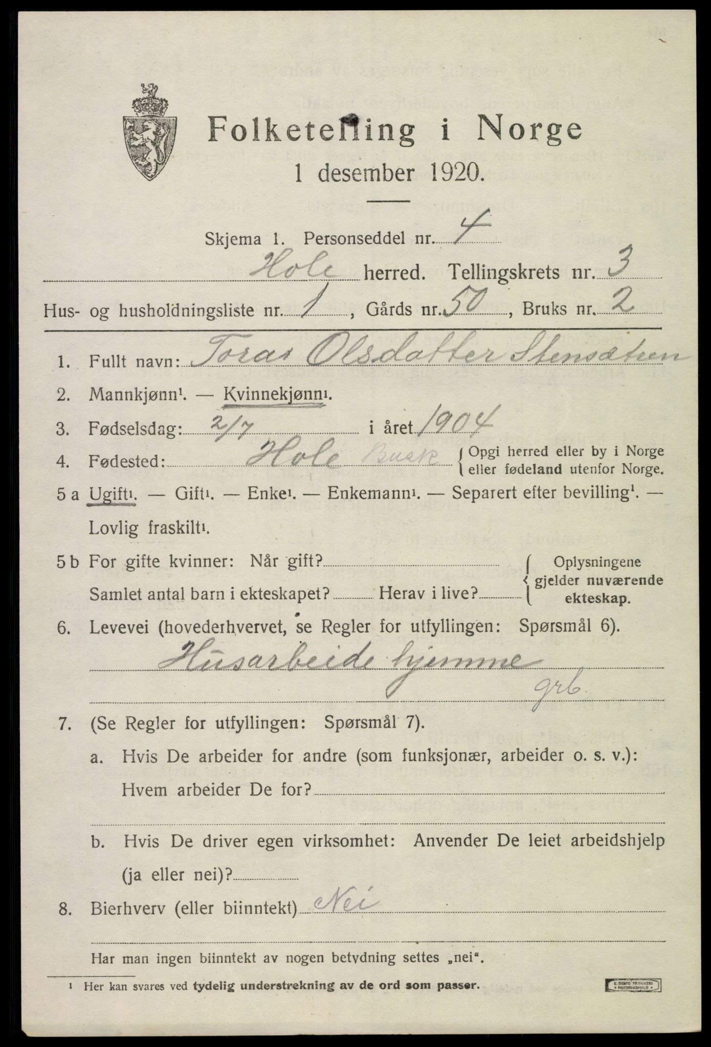 SAKO, 1920 census for Hole, 1920, p. 2731