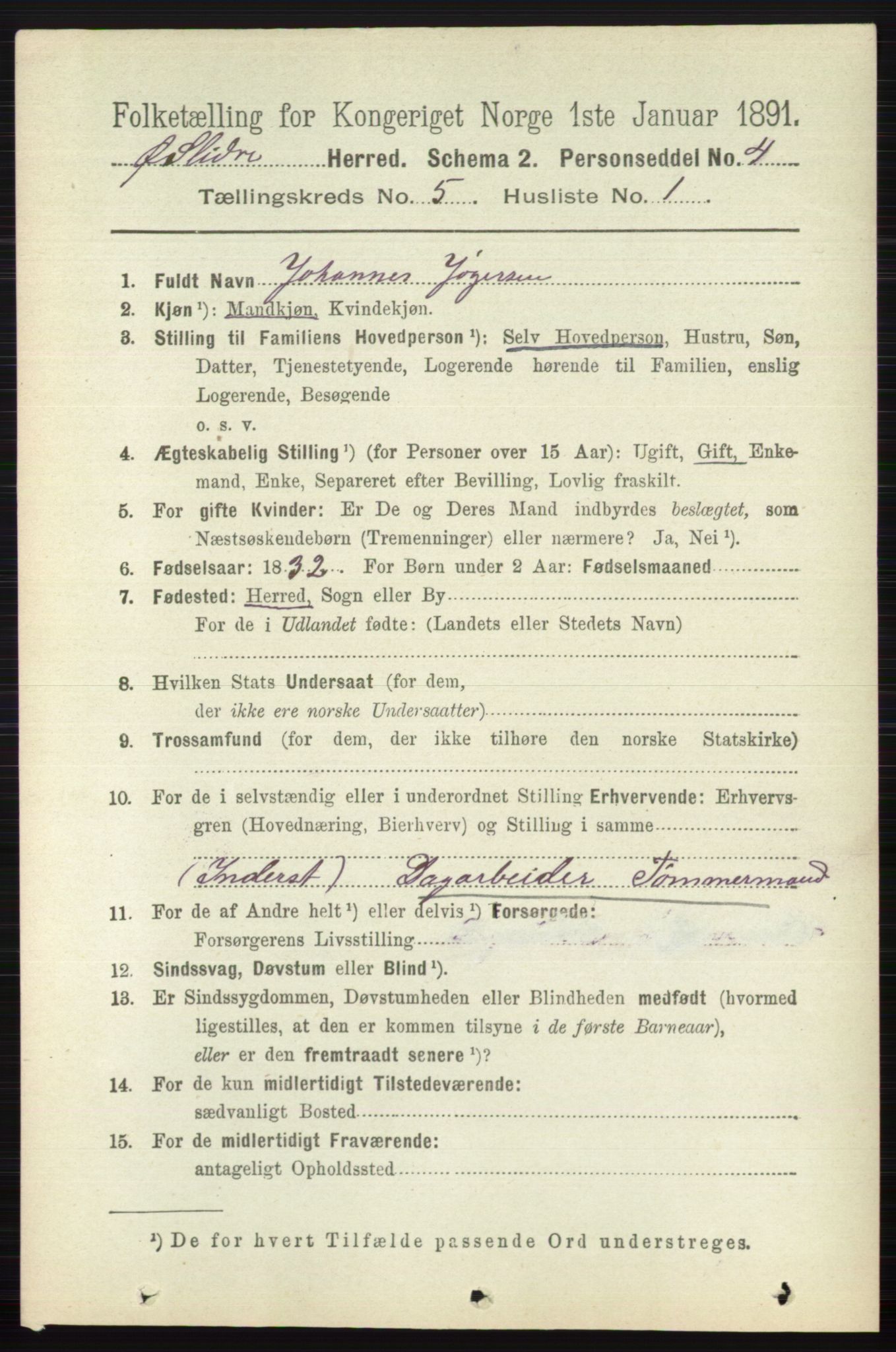 RA, 1891 census for 0544 Øystre Slidre, 1891, p. 1605